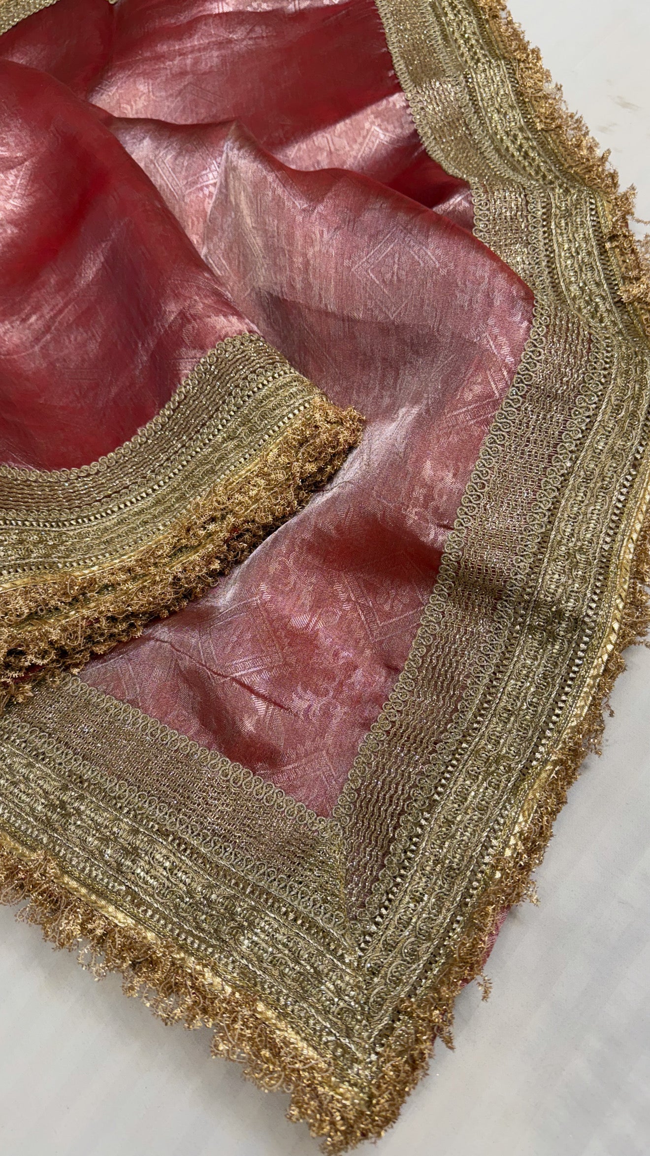 Maharani peachy pink tissue tanchoi silk saree