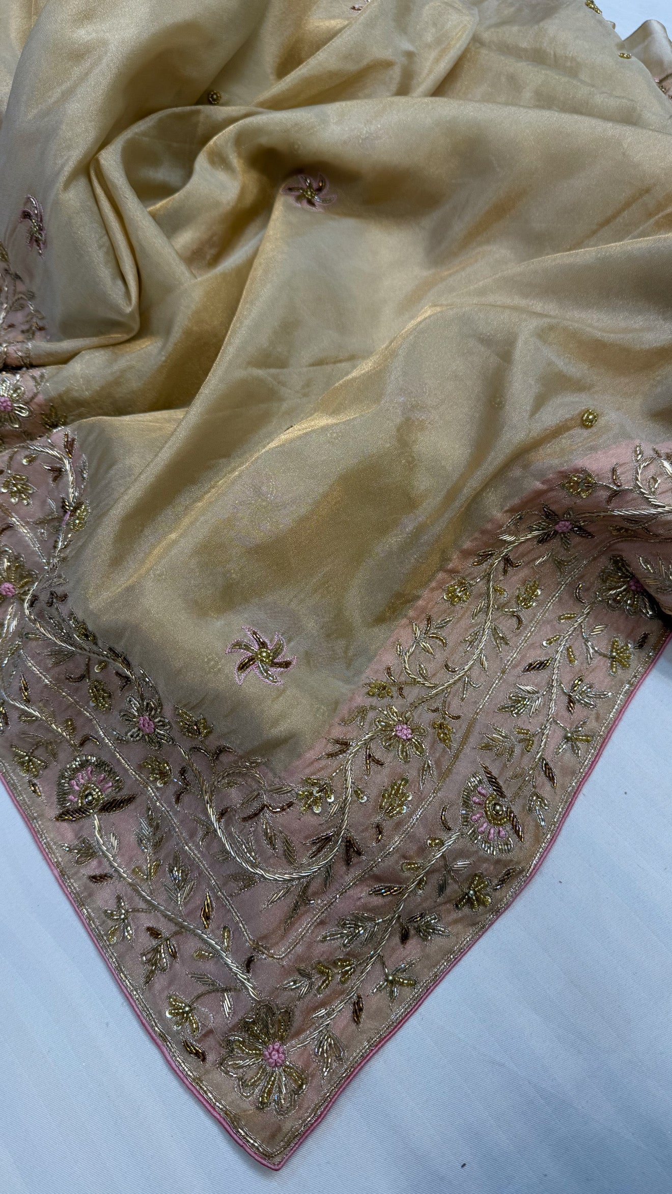 Gulab ki pankhuri husn tissue silk heavy zardozi border hand embroidered saree