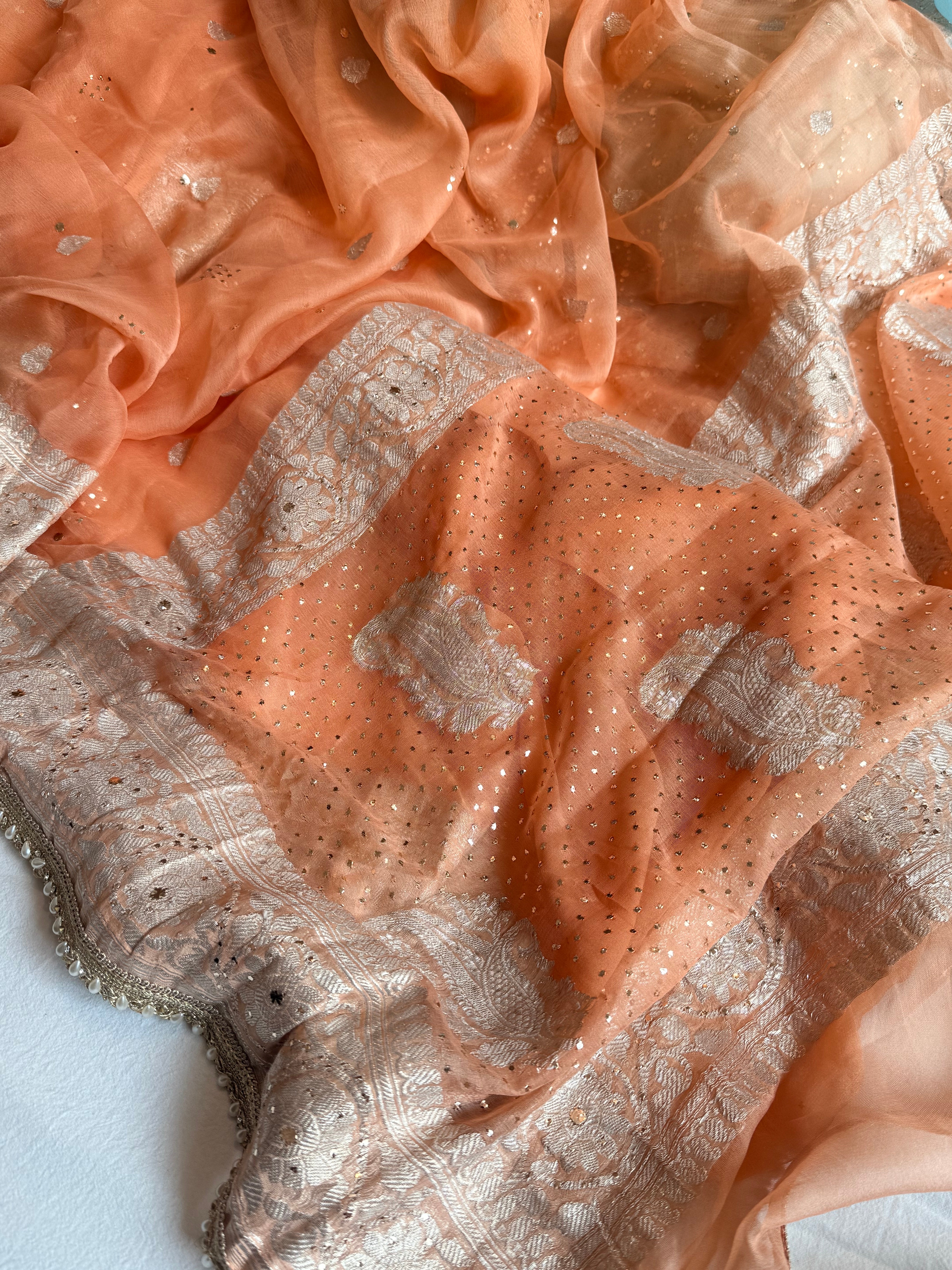 Chiffon gorgette banarasi peach mukaish work hand embroidered saree