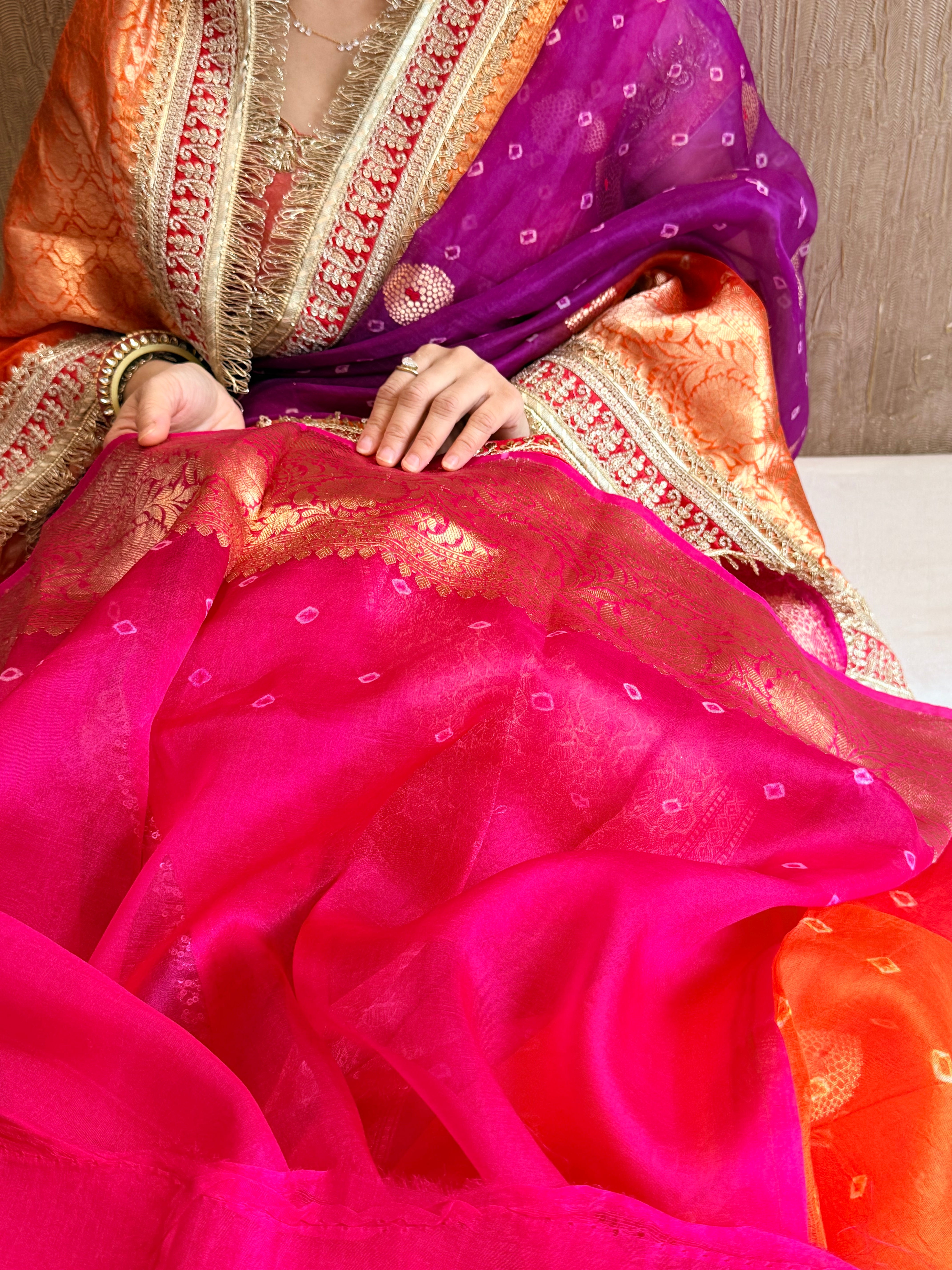 Mayra wali saree - Kora silk bandhej work meenakari gotapatti saree
