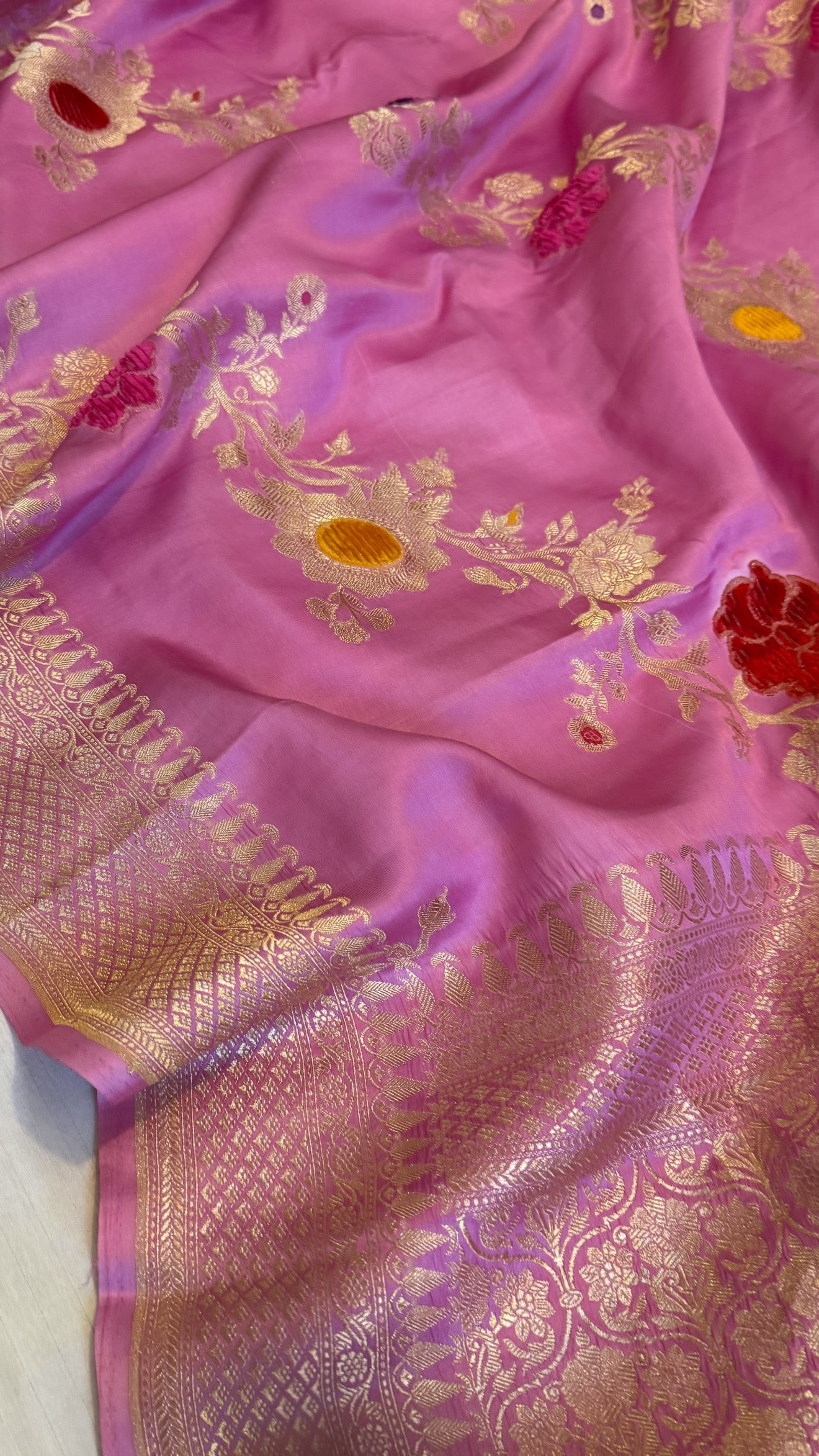 Blush pink banarasi mashru silk velvet buti kadhwa weaving saree