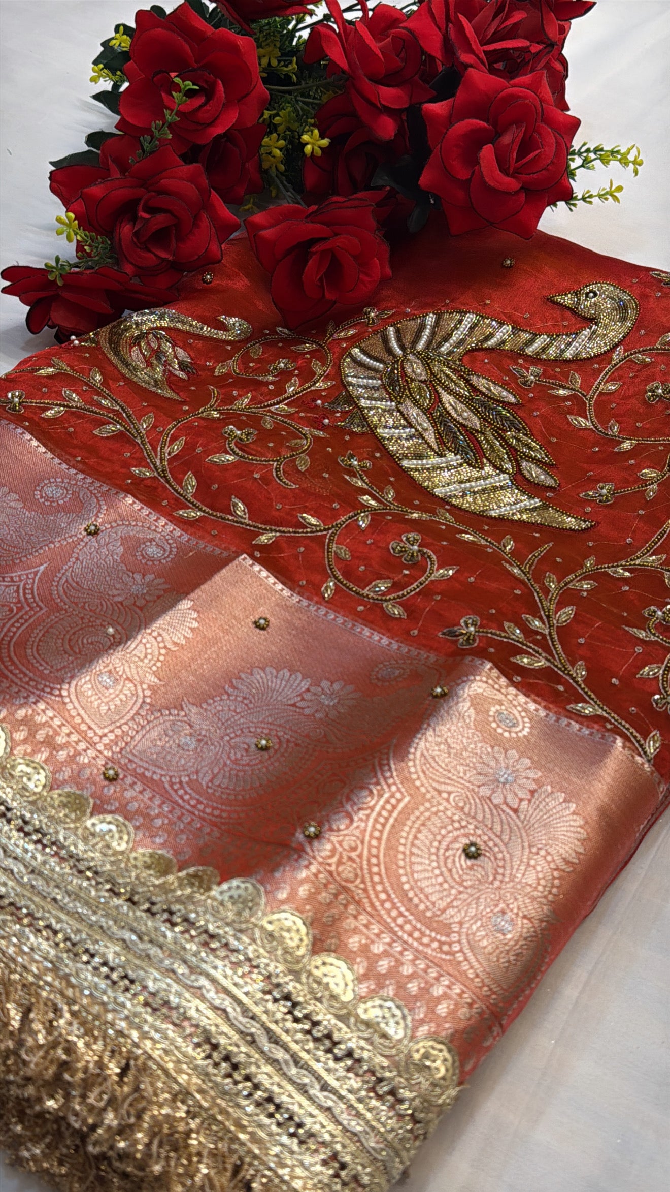 Dulhan ka joda husn red tissue silk hand embroidered saree