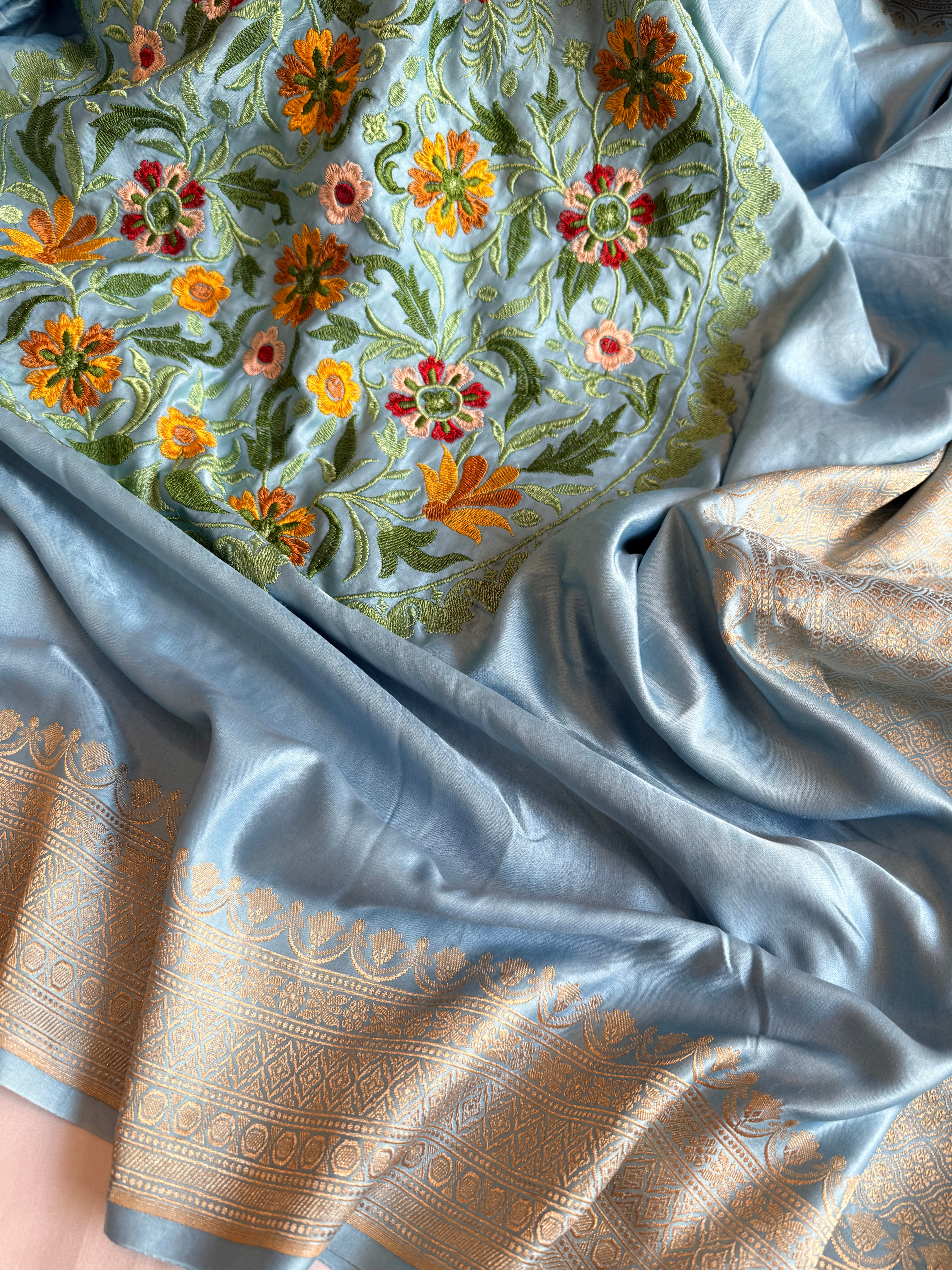 Ice blue banarasi mashru silk hand embroidered parsi gara work kadhwa saree