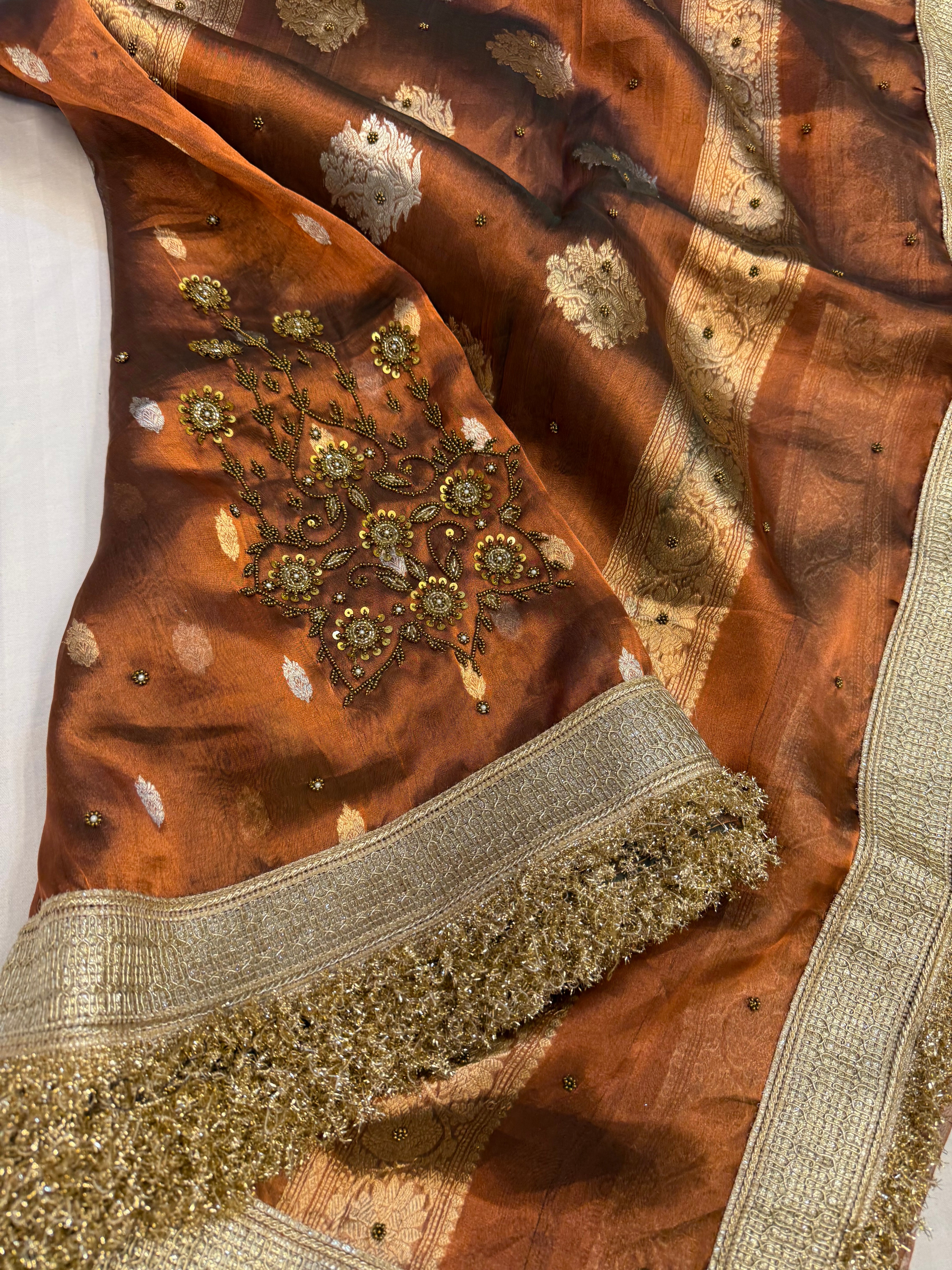 Cocktail edit sarees - Bronze tissue silk heavy hand embroidered sarees