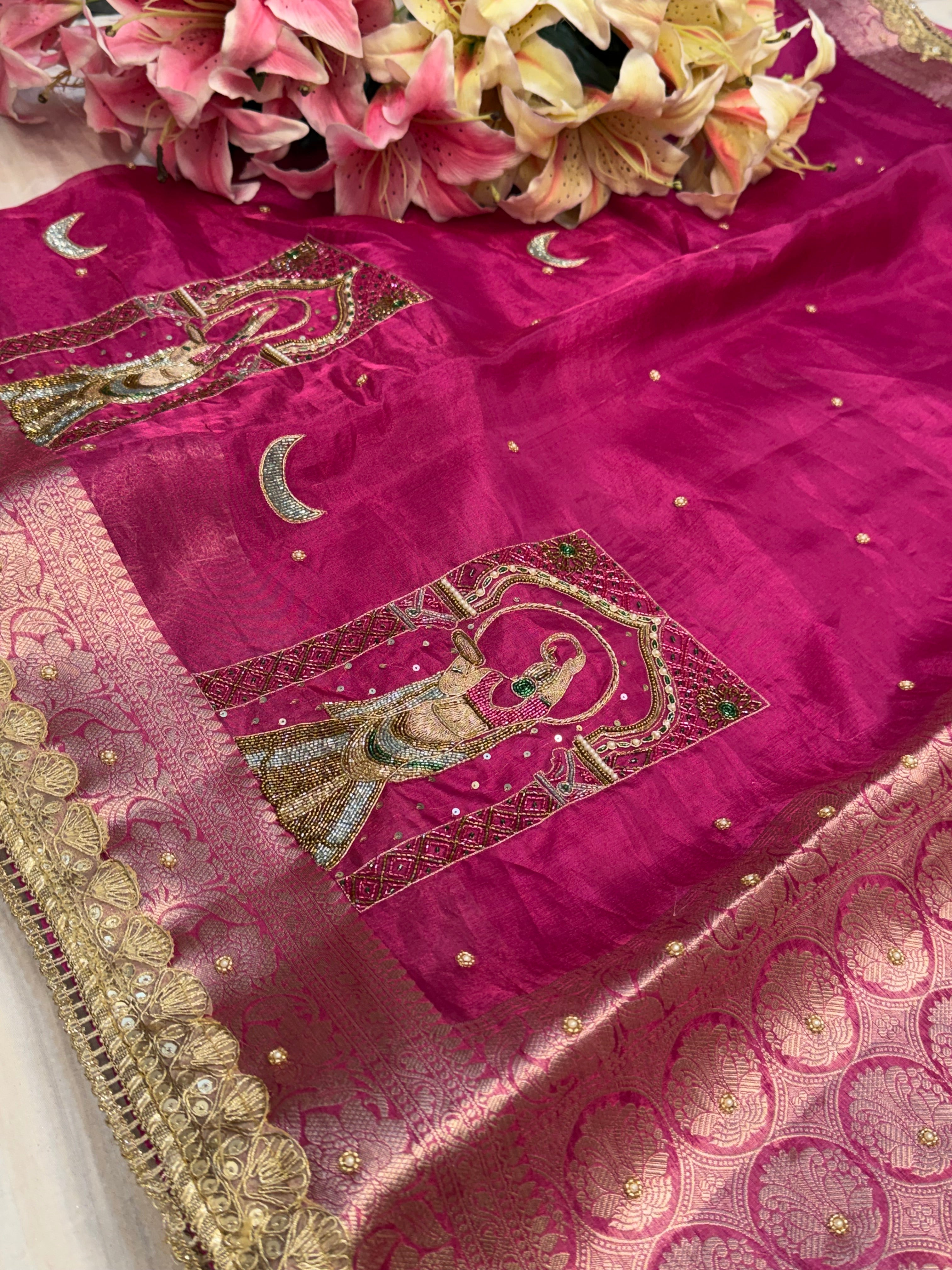 Karwachauth special - Hot metallic pink tissue silk hand embroidered meenakari saree