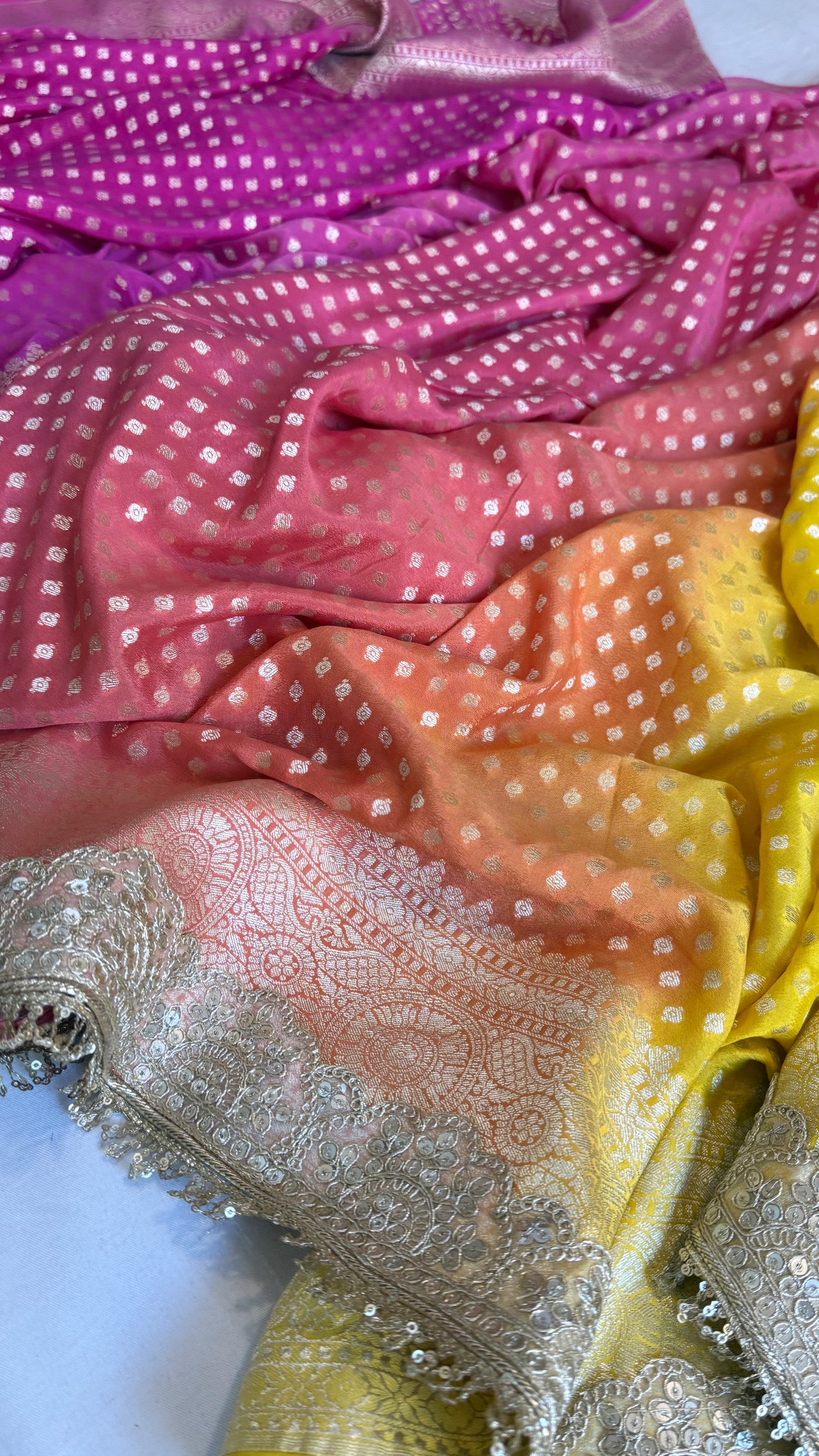 Moonga silk ombre shaded chunri buti kadhwa gotapatti saree