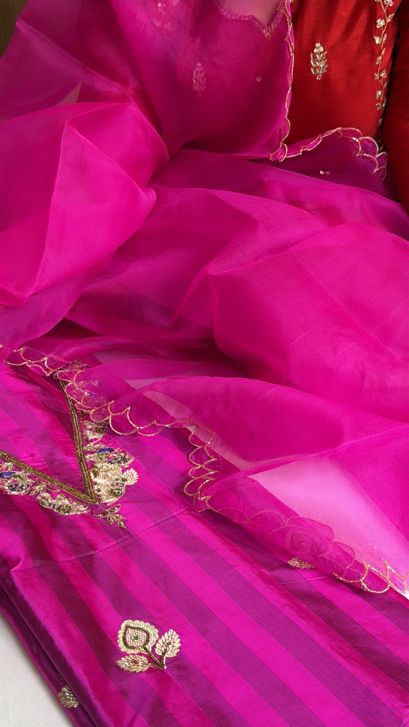 Hot pink-fuschia pink dhup chao effect katan silk striped kurta paired with Kora silk scalloped duppata set