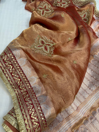 Cocktail edit sarees - Red tissue silk heavy hand embroidered saree