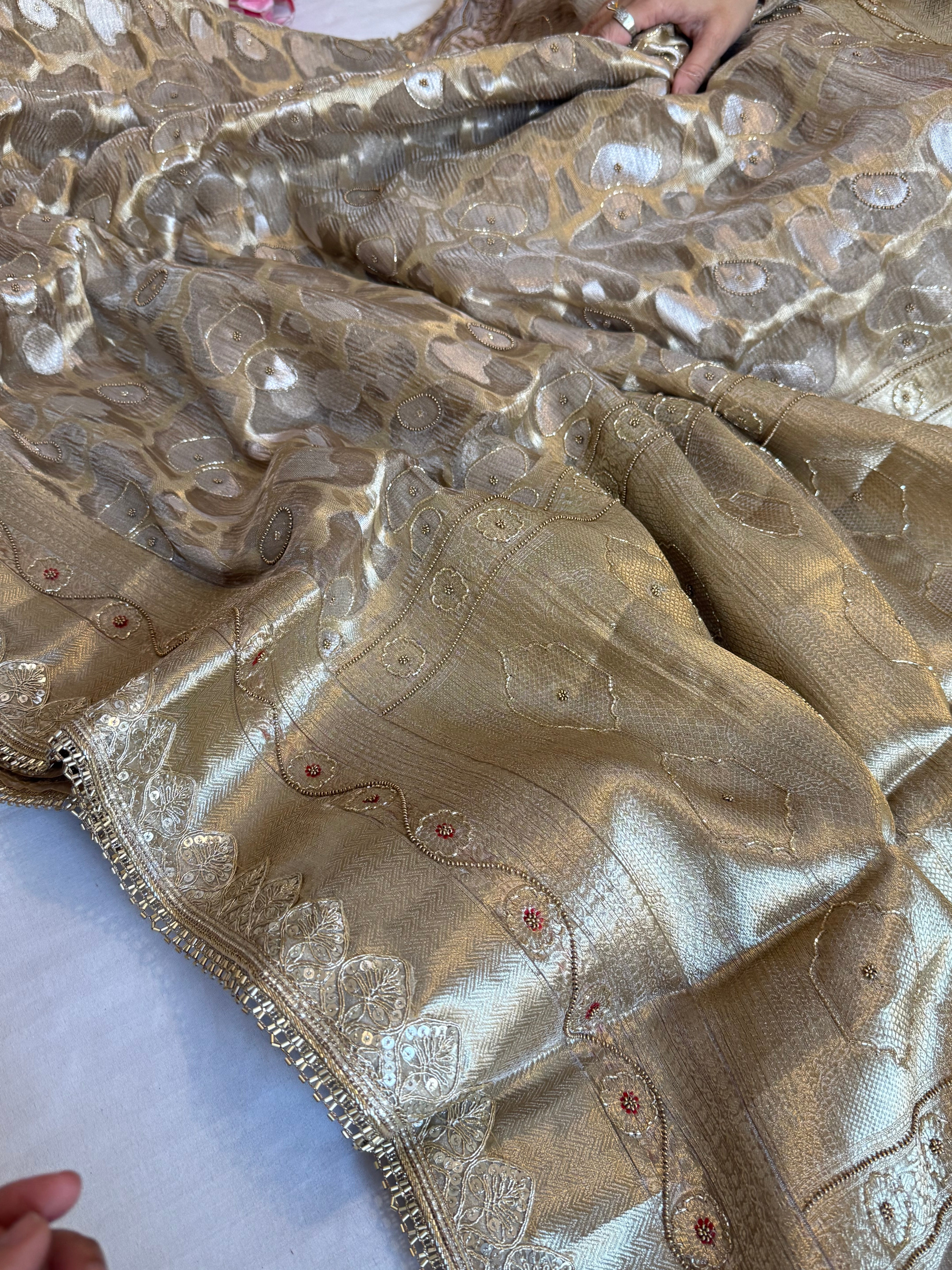 Mehfil sona rupa crushed tissue silk hand embroidered kadhwa saree