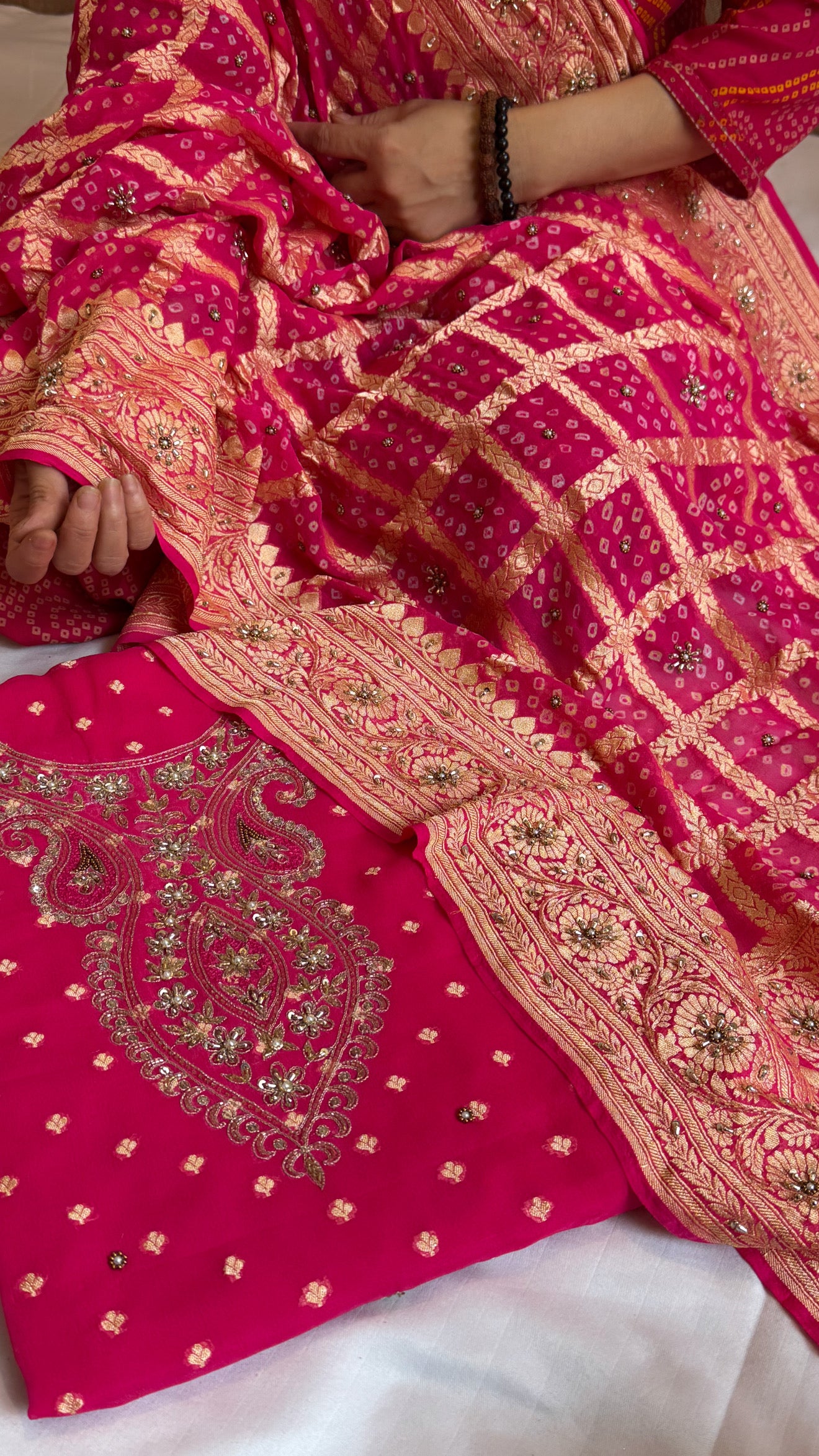 Hot fuschia pink rai bandhej Banarasi gorgette kadhwa hand embroidered suit set