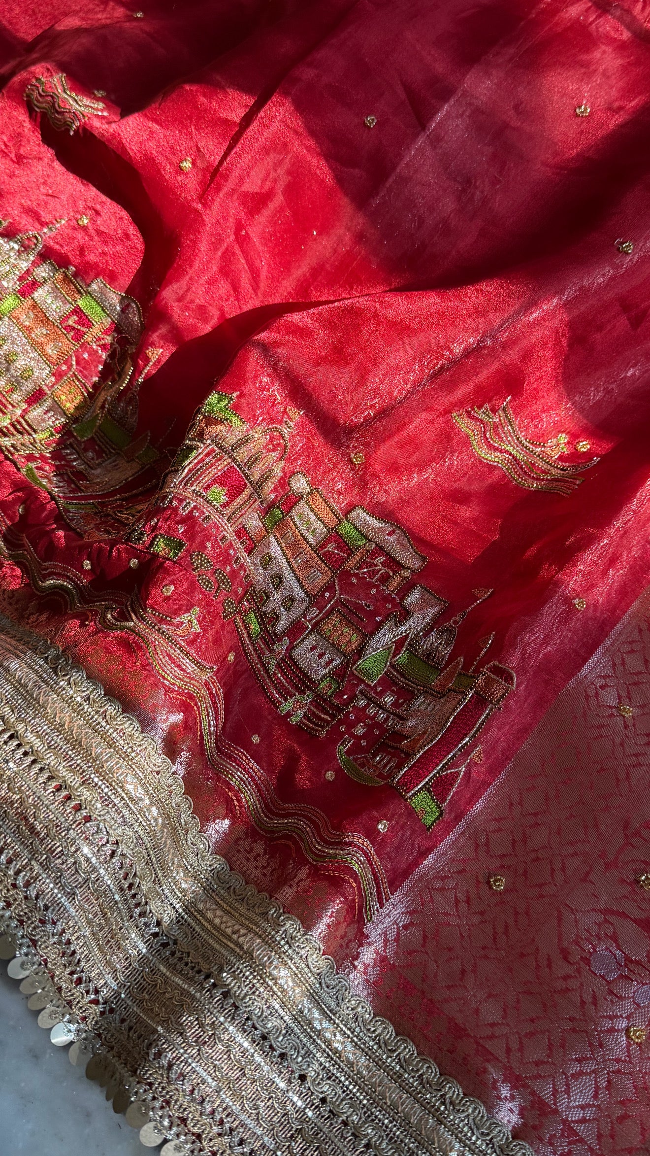 Teej Special - Blood red banarasi ghat hand embroidered tissue silk saree