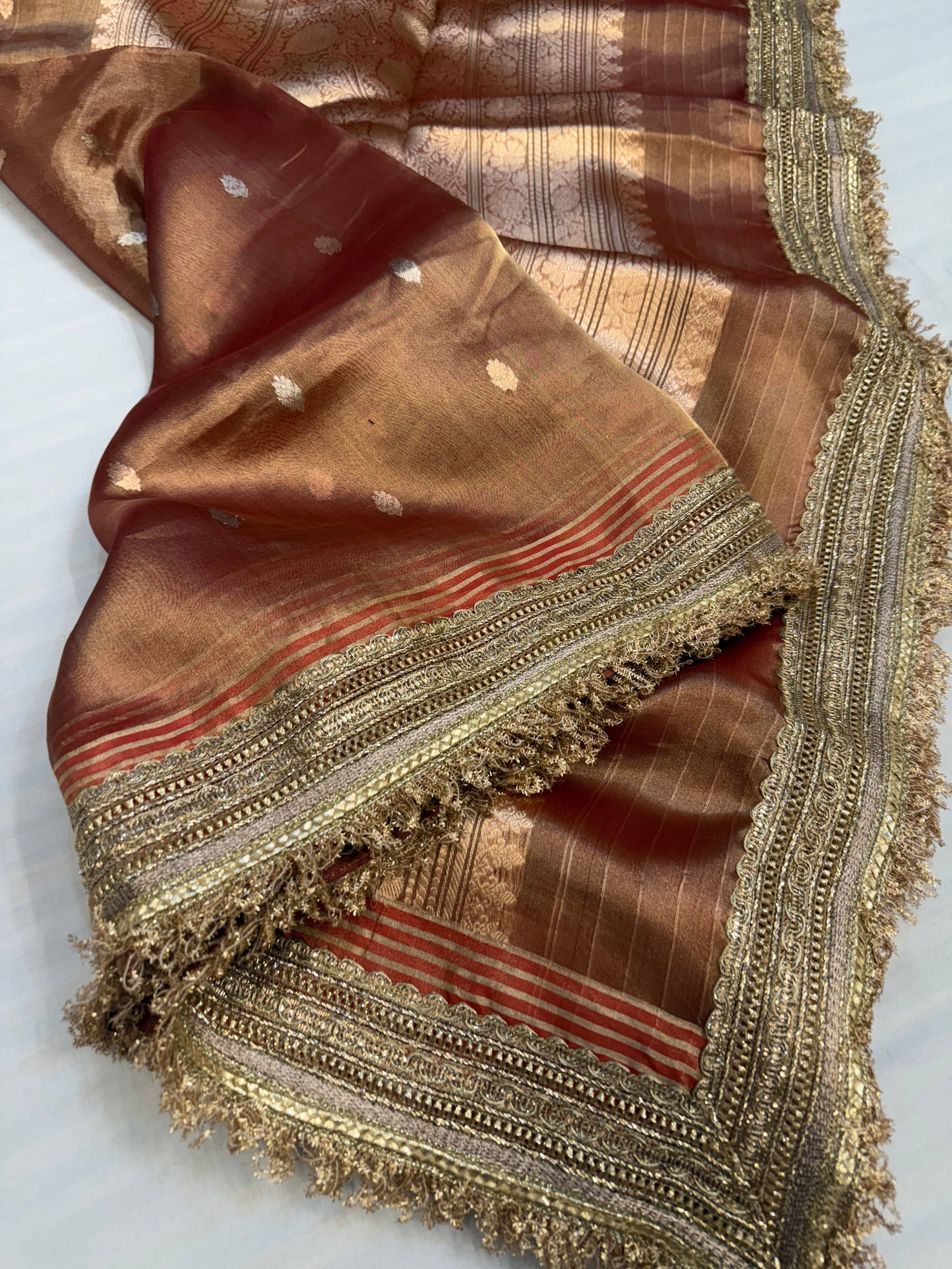 Burnt red maharani tissue silk kadhwa buti saree