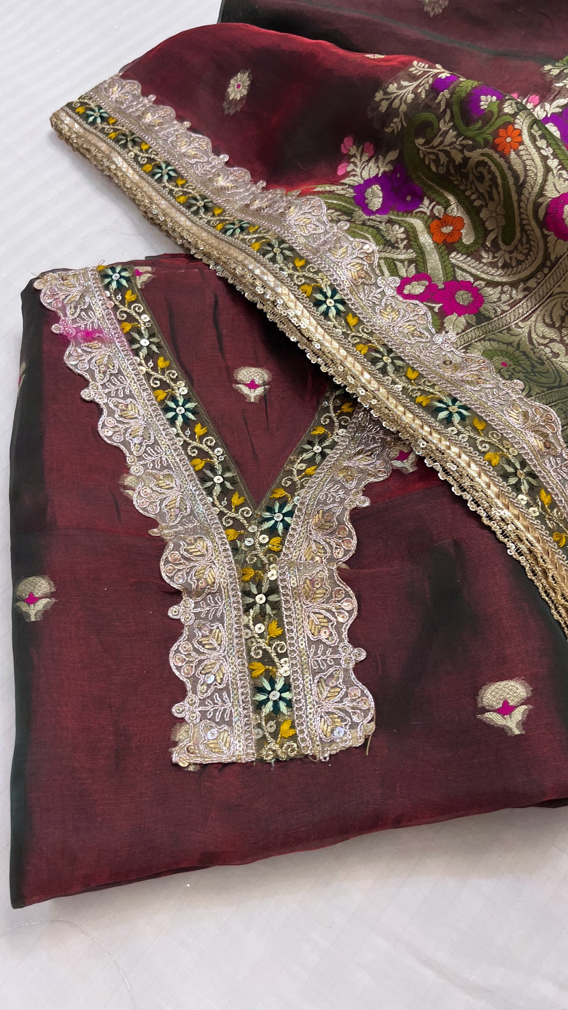 Heeramandi blood maroon tissue silk meenakari suit set