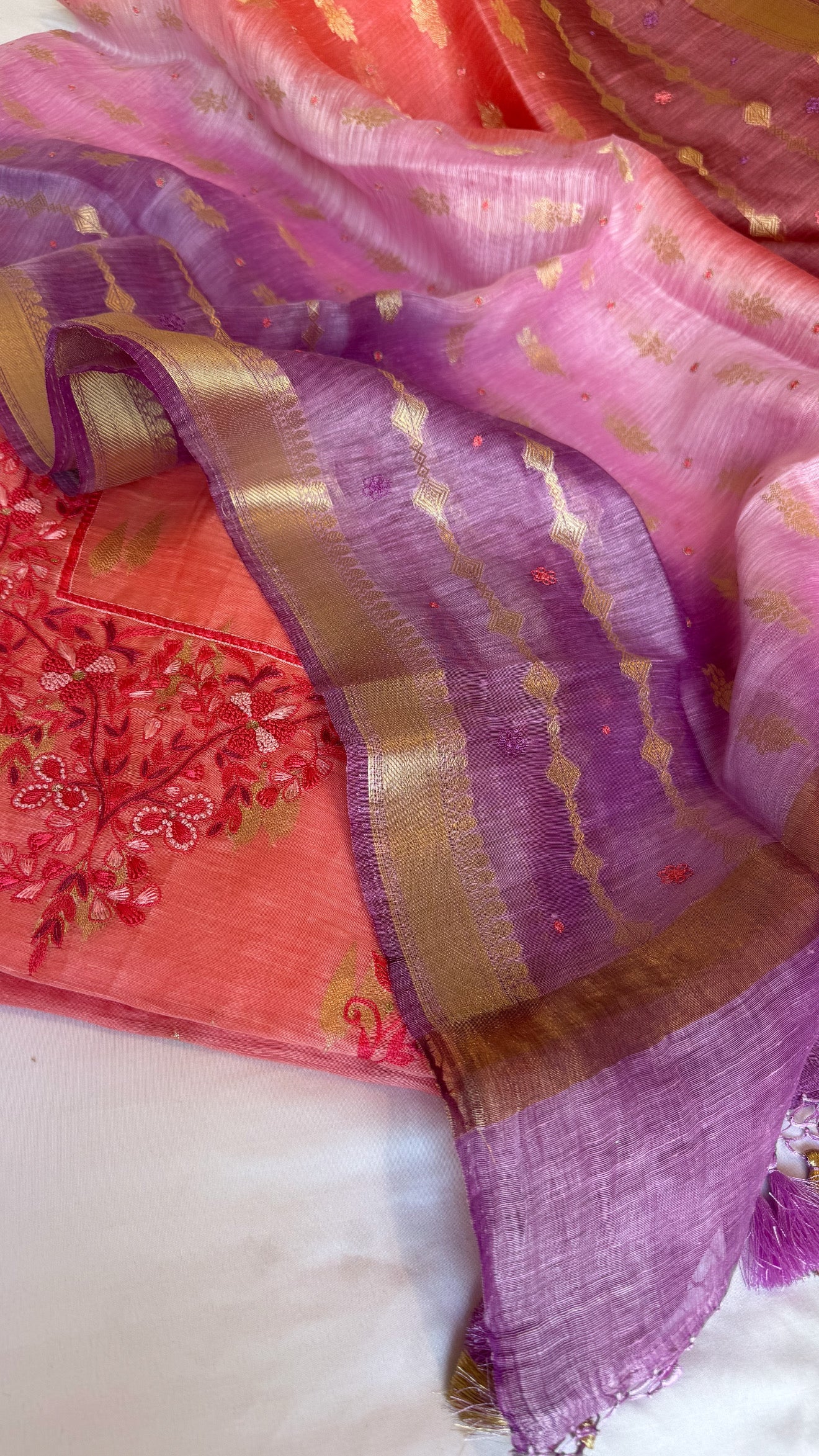 Peachish ombre shade linen gorgette resham hand embroidered suit set