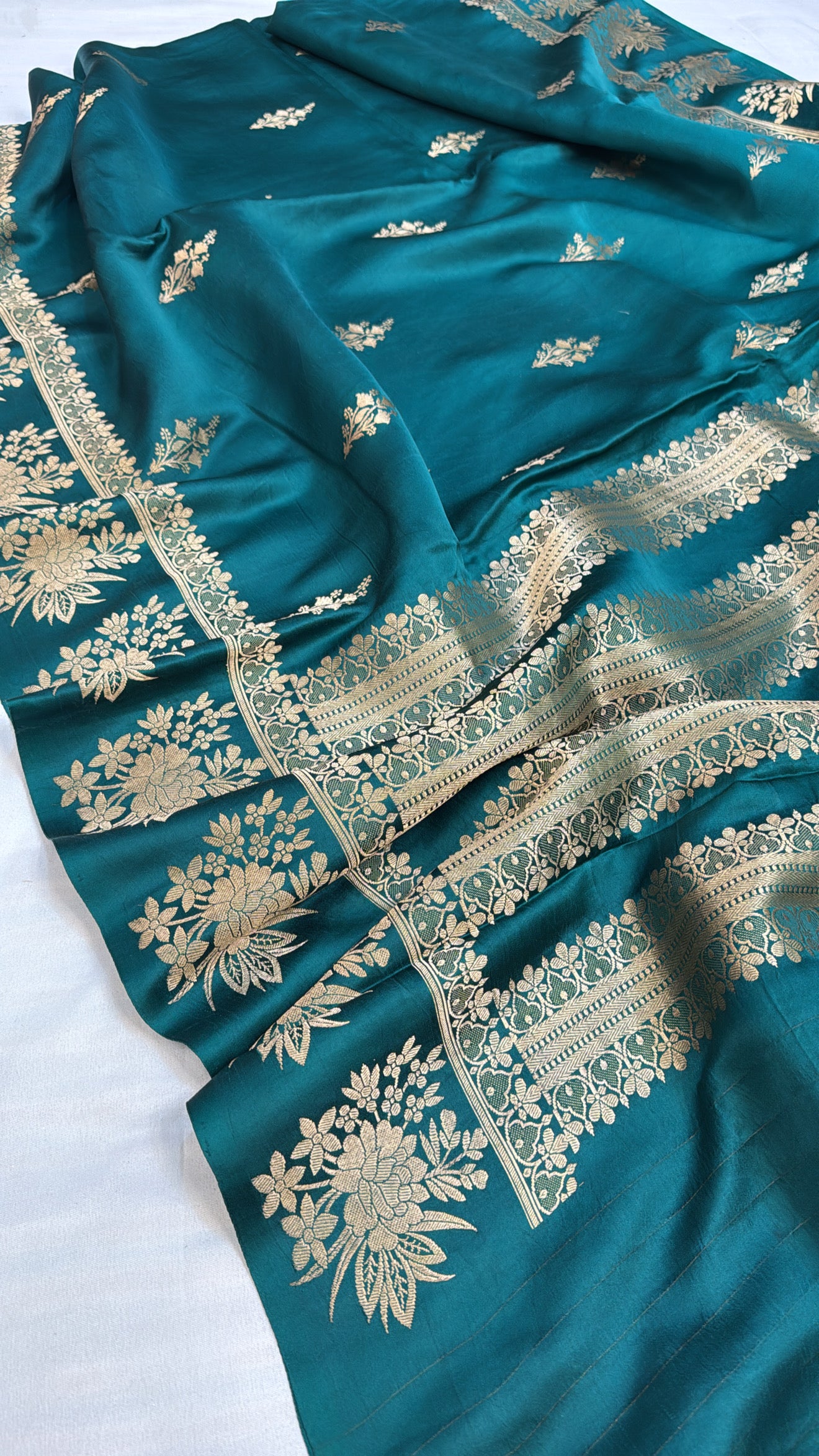 Mashru satin silk teal green banarasi border saree