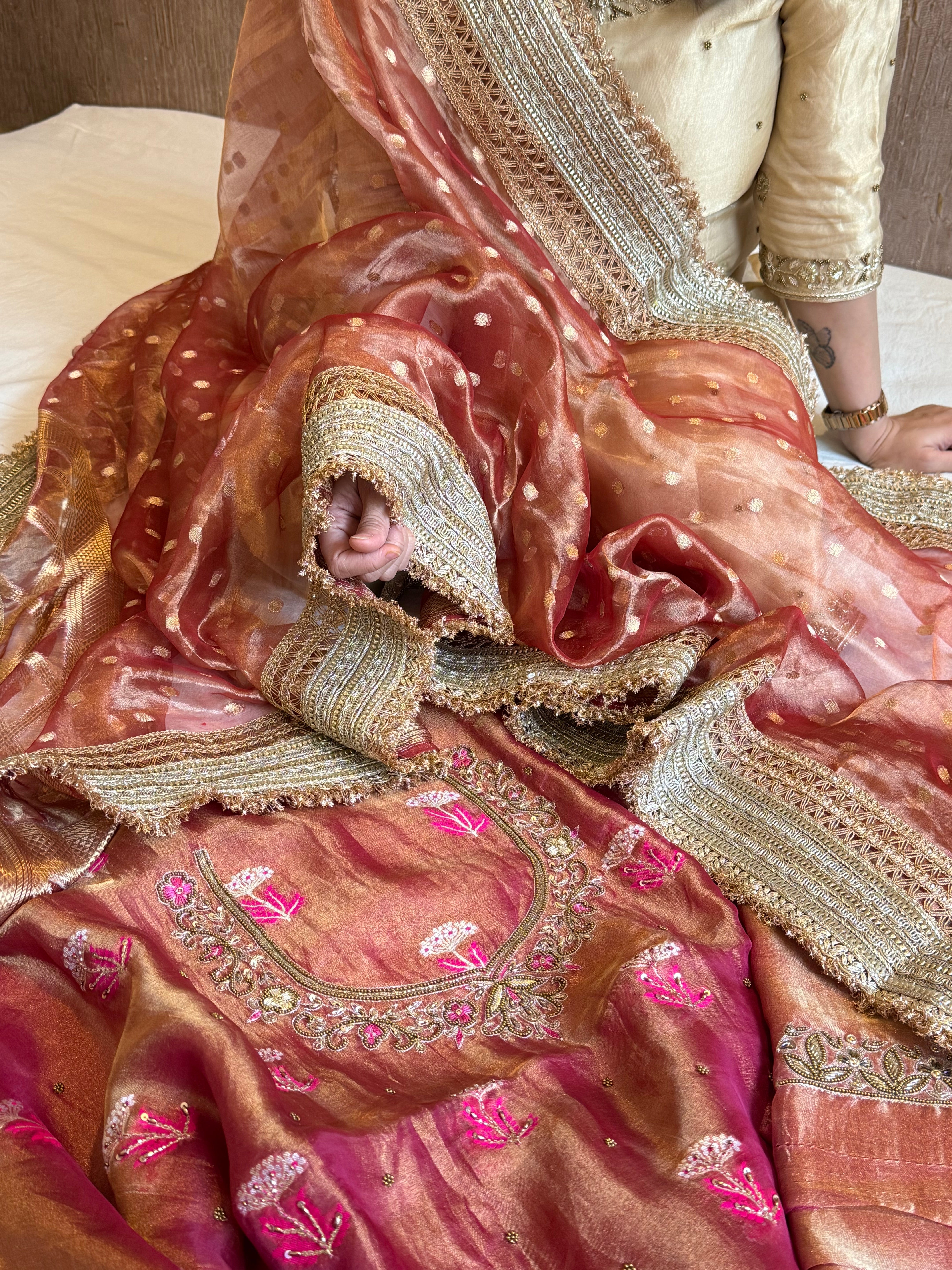 Gajri pinkish red tissue silk heeramandi hand embroidered kadhwa suit set