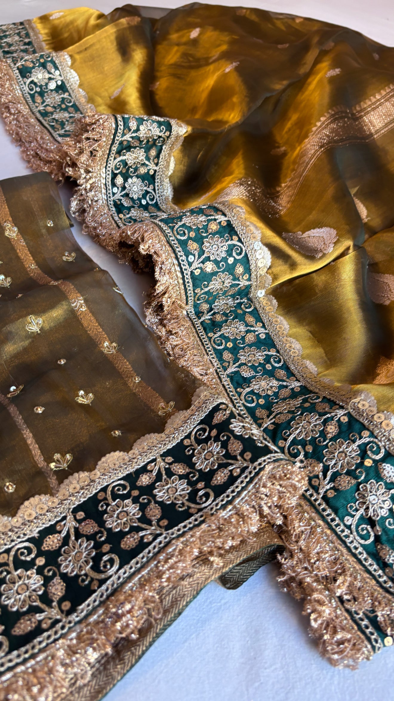 Mehfil kanjivaram green tissue silk heavy hand embroidered saree