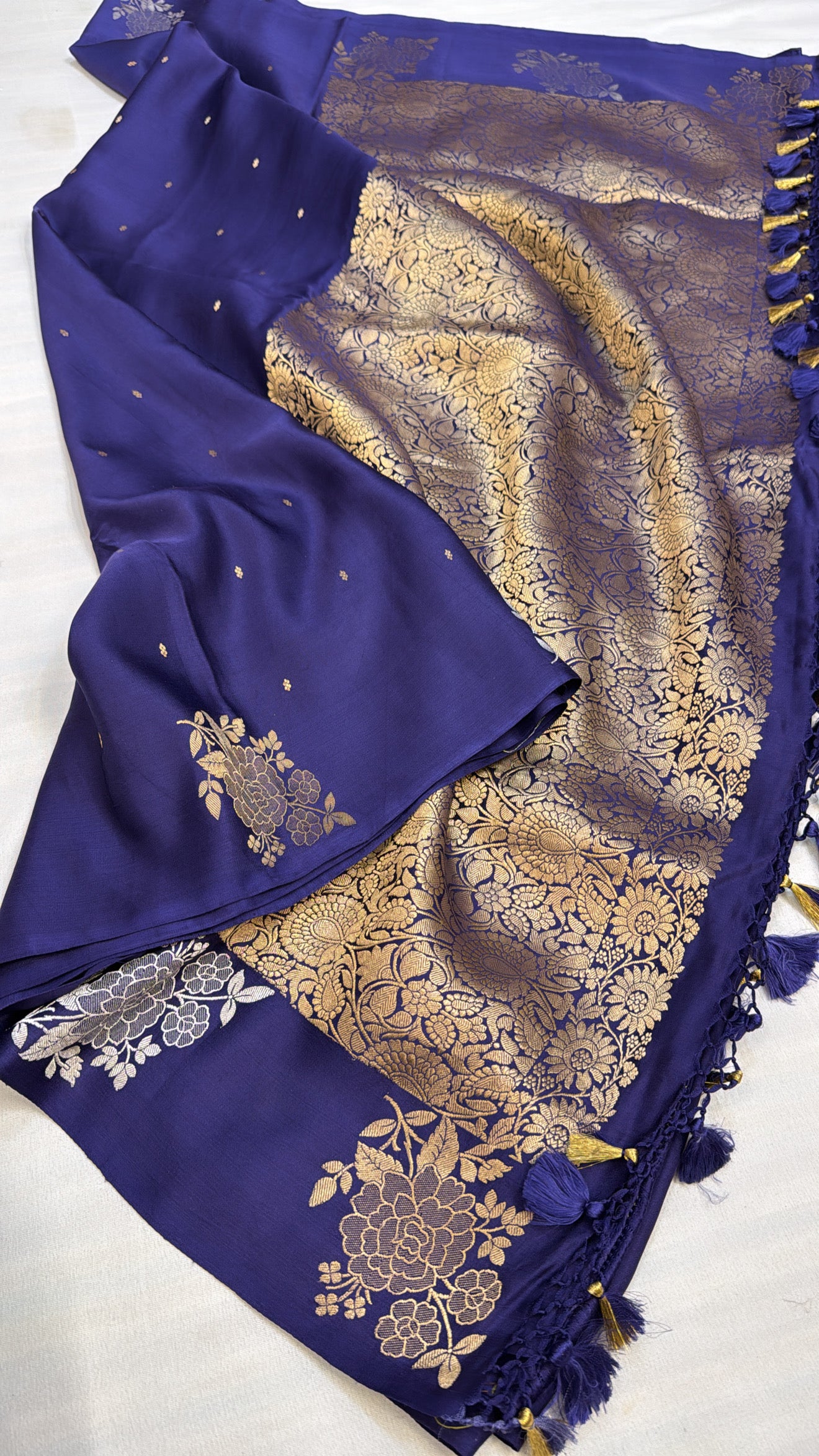 Mashru satin silk ink blue banarasi saree