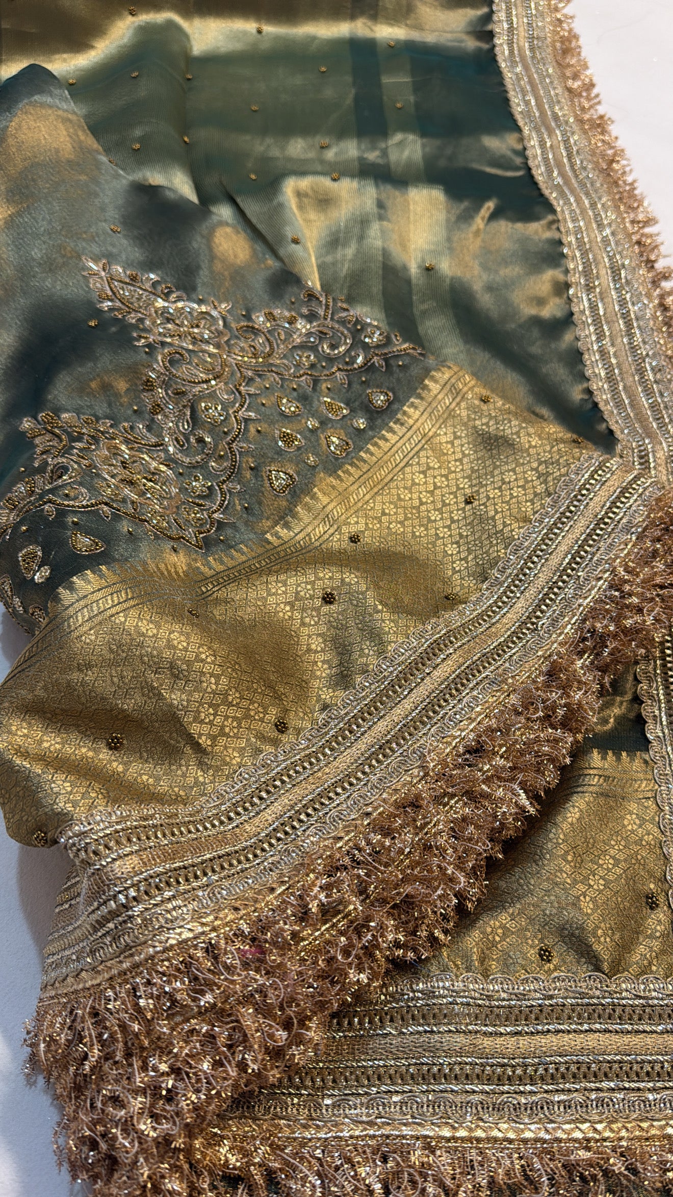 Bottle green tissue silk heavy embroidery kadhwa gotapatti saree