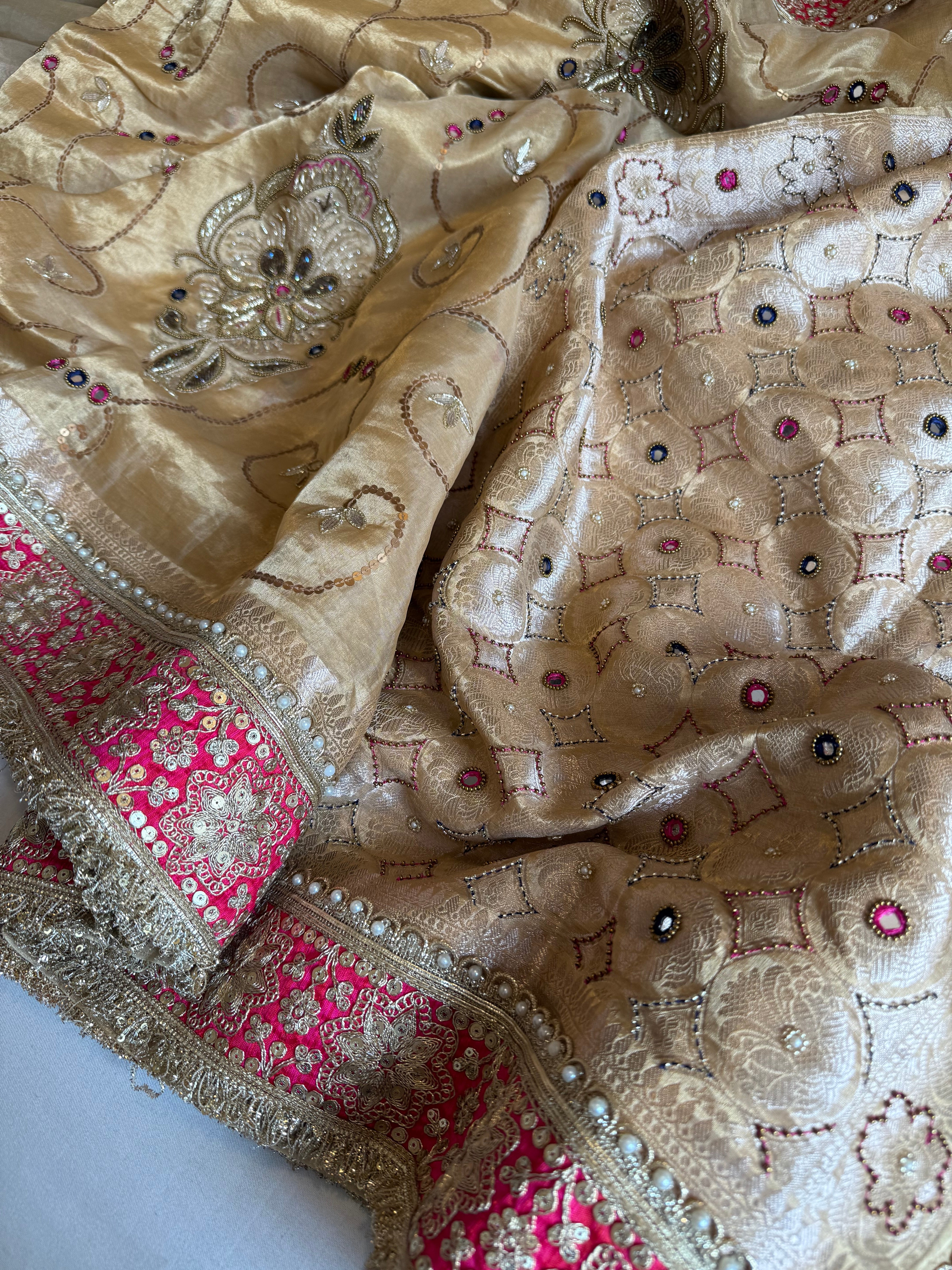 Kutchi inspired “sheesham edit” mirror work and meenakari work hand embroidered saree