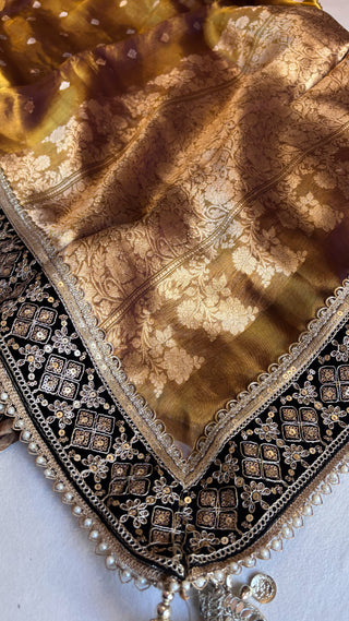 Mehfil chocolate brown tissue silk heavy hand embroidered saree