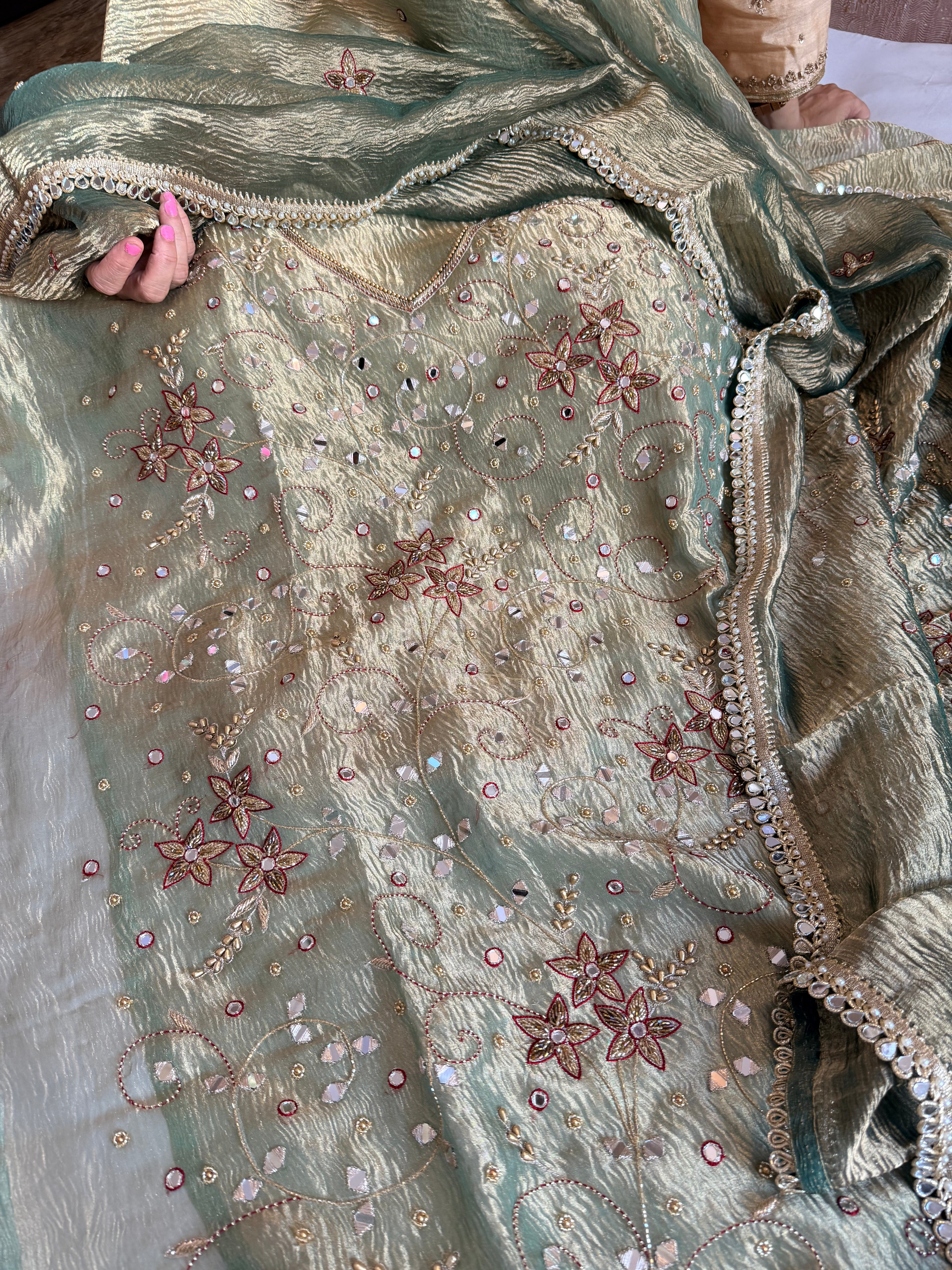 Banarasi tissue silk mirrorwork hand embroidered crushed suit sets