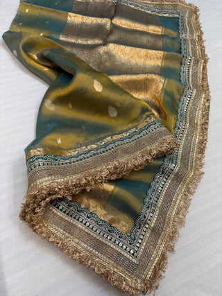 Teal green maharani tissue silk kadhwa buti saree