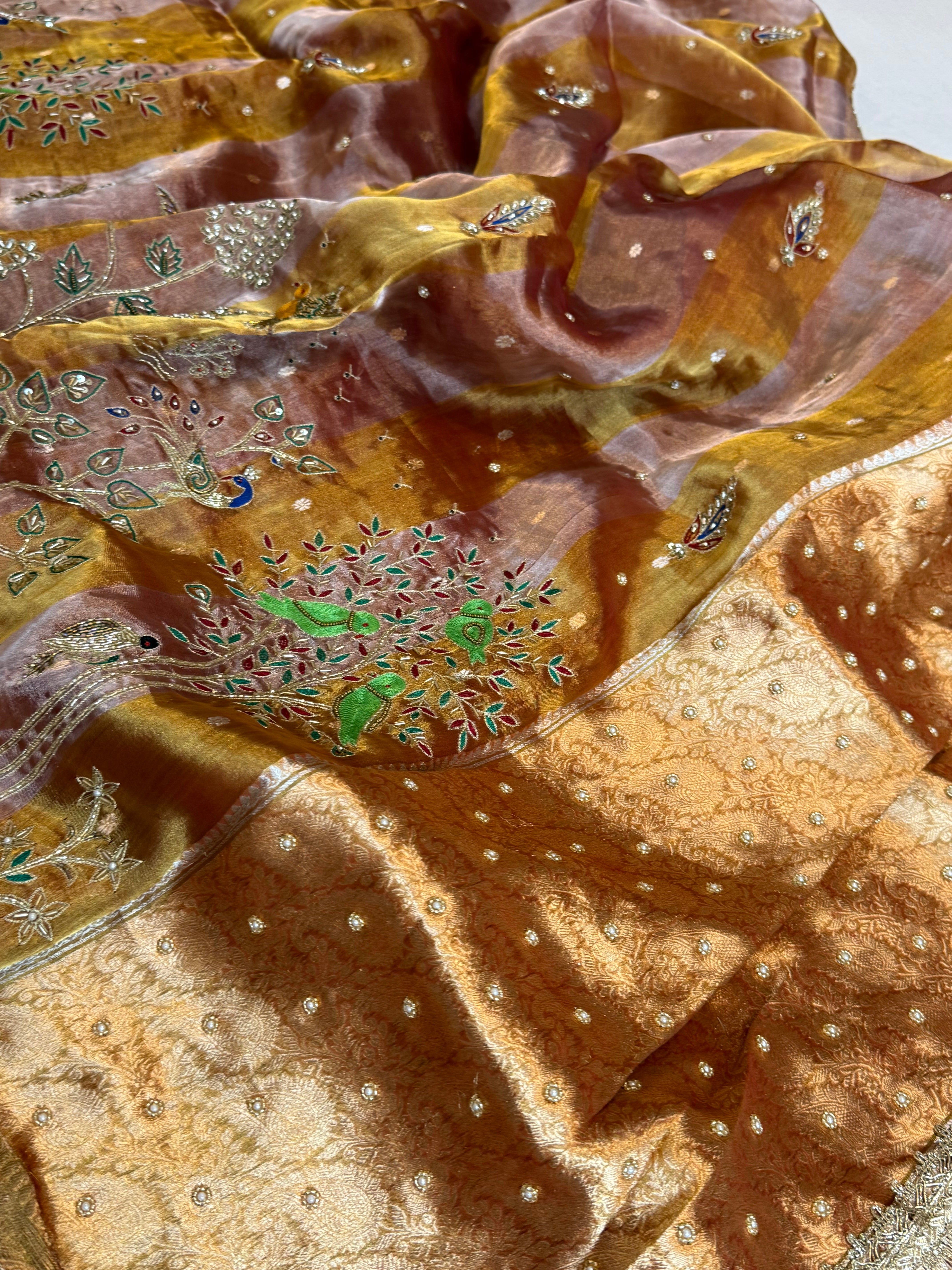 Hathi , ghoda aur palki wali saree - Husn tissue silk hand embroidered saree