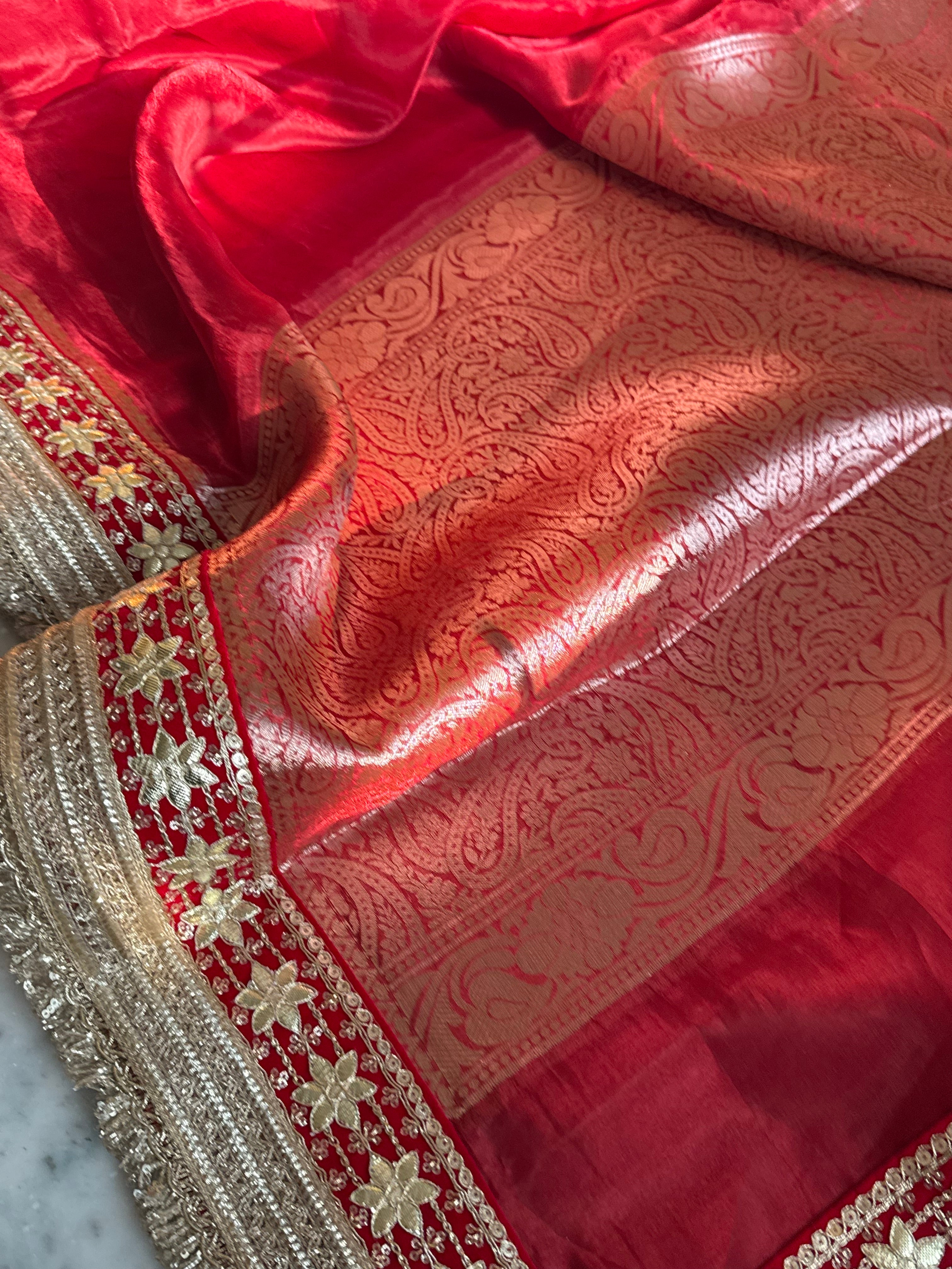Teej special - Blood red maharani tissue silk gotapatti border saree
