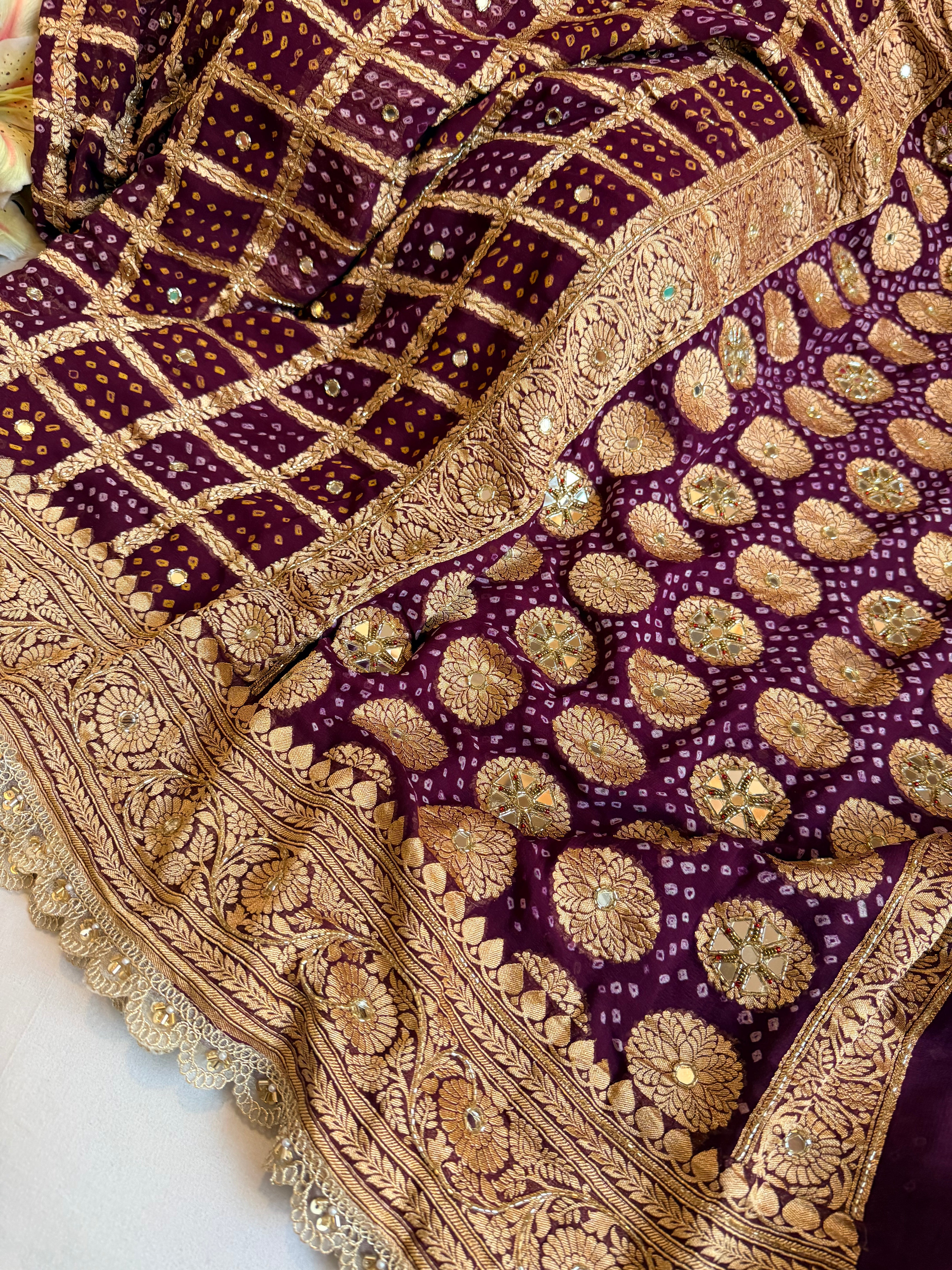 Bandhej saree ka sandook - brinjal purple shaded chiffon gorgette banarasi bandhej saree