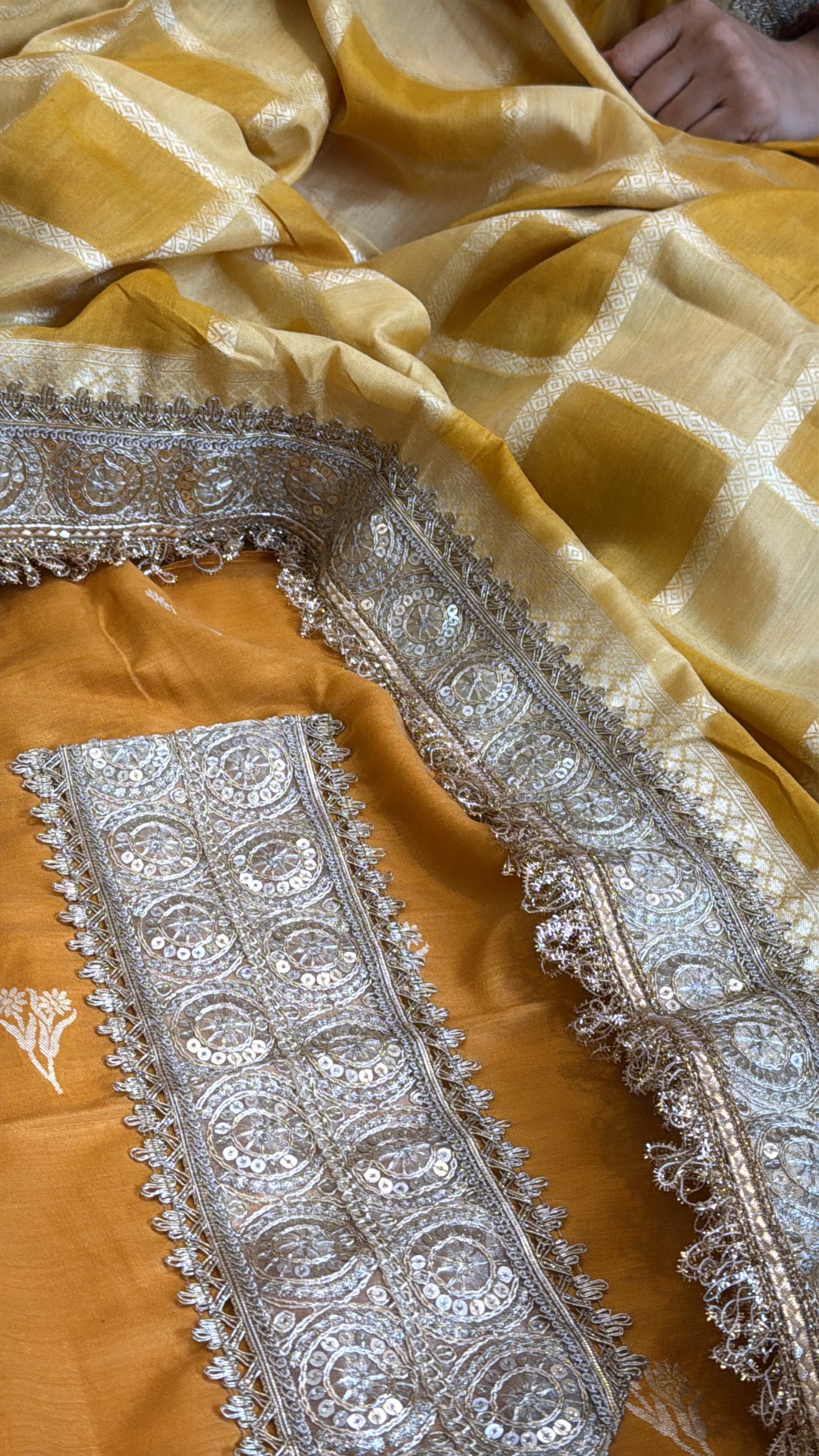 Mango yellow rangkat dye chaukadi weaving silk suit set