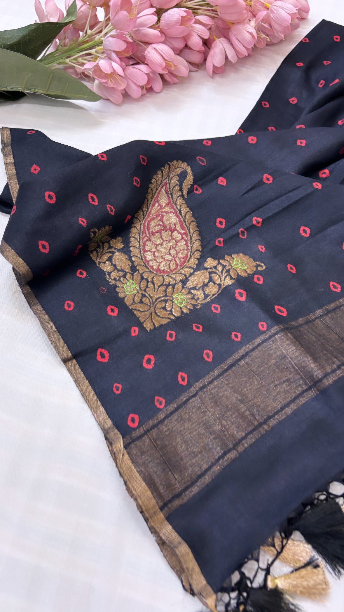 Moonga silk dusty black meenedar duppata