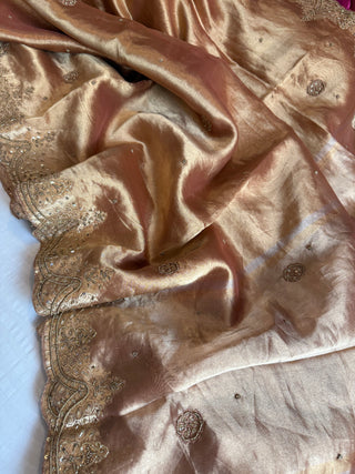 Husn onion peach tissue silk heavy hand embroidered saree