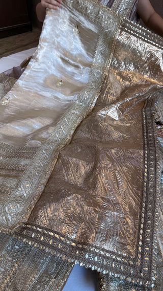 Lehenga style saree edit - Champagne gold diamond tissue silk tilli work gotapatti skirt border saree