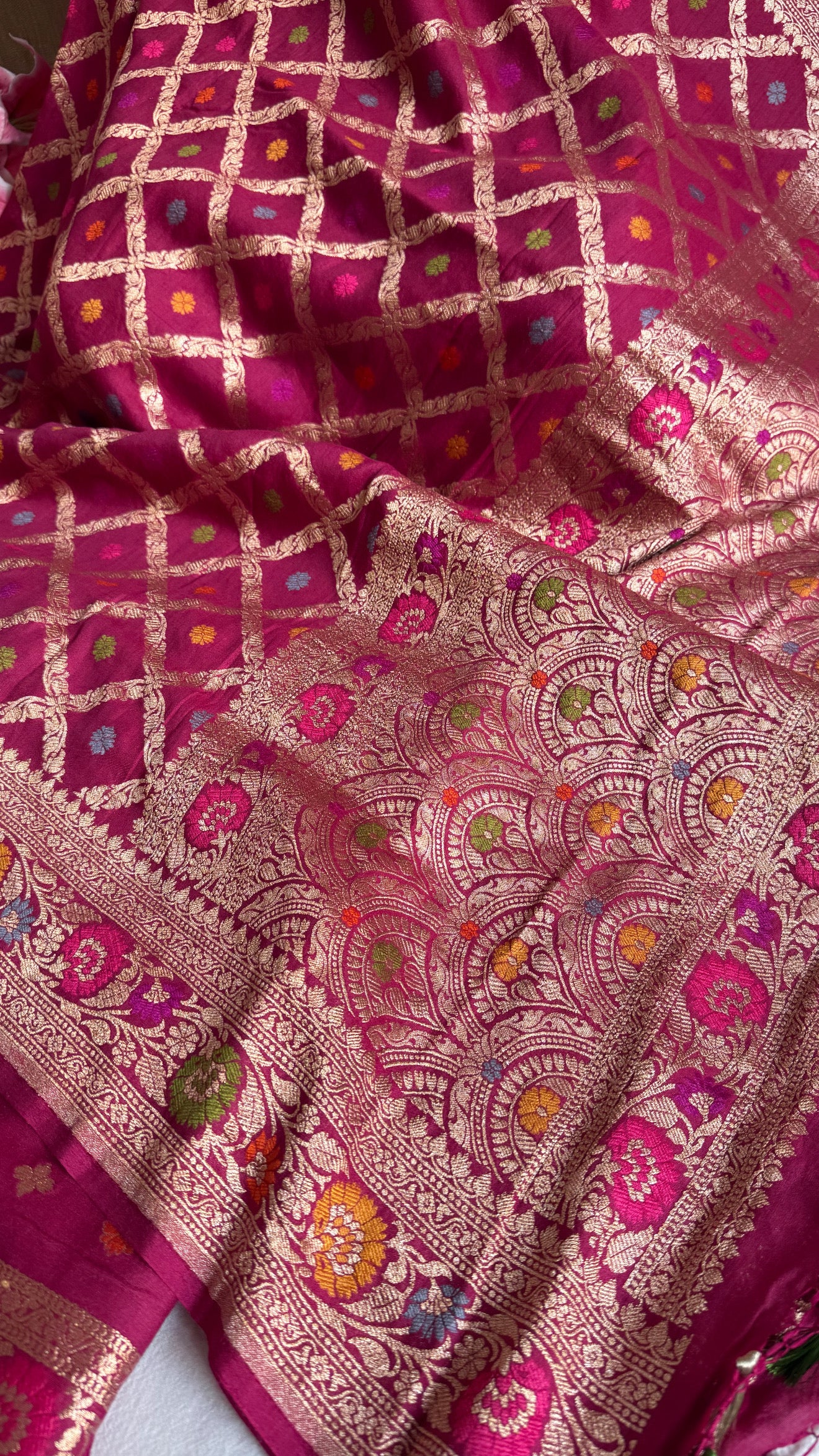 Moonga silk cranberry shade chaukadi duppata with meenakari kadhwa weaving