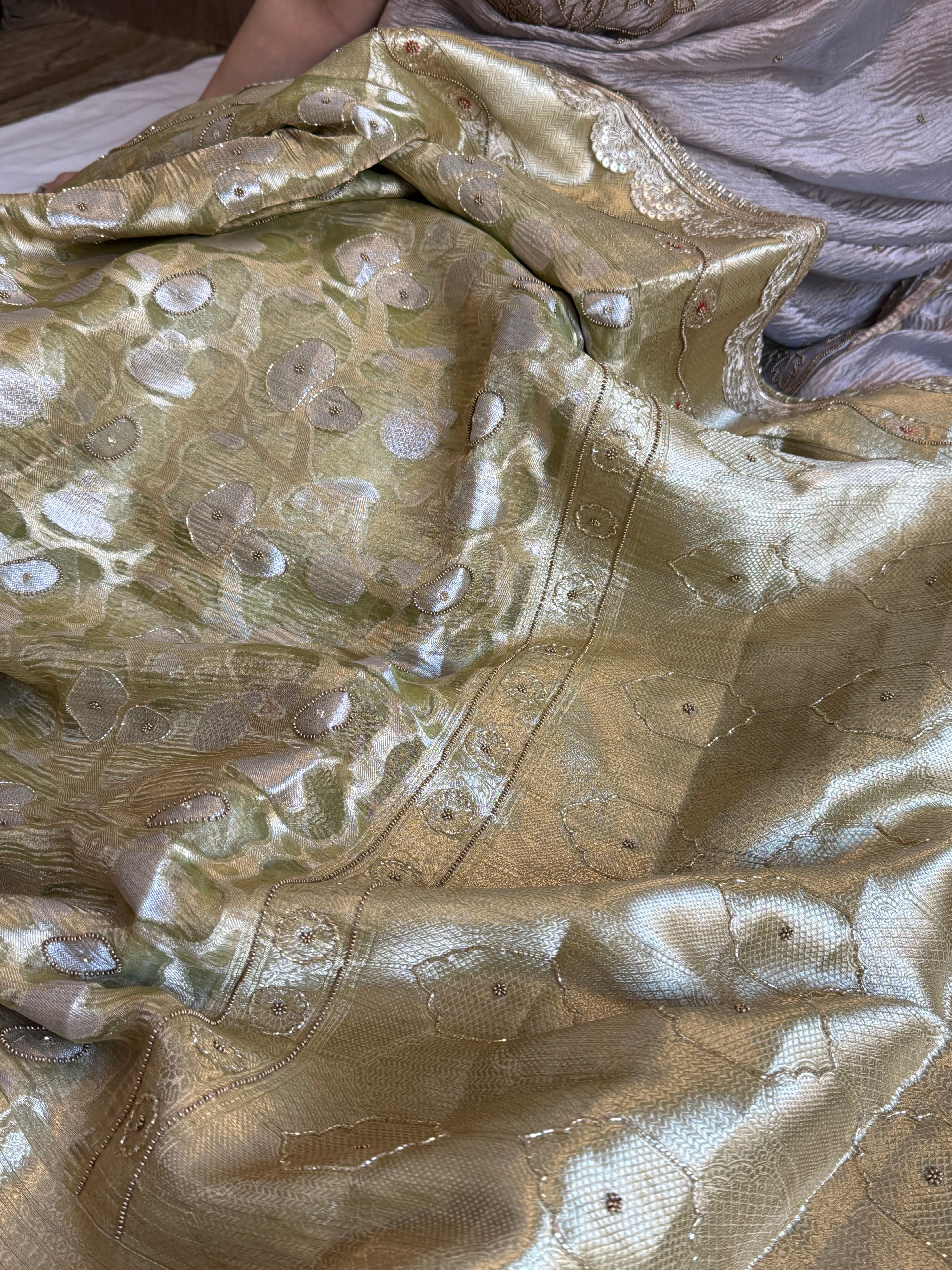 Mehfil sona rupa crushed tissue silk hand embroidered kadhwa saree