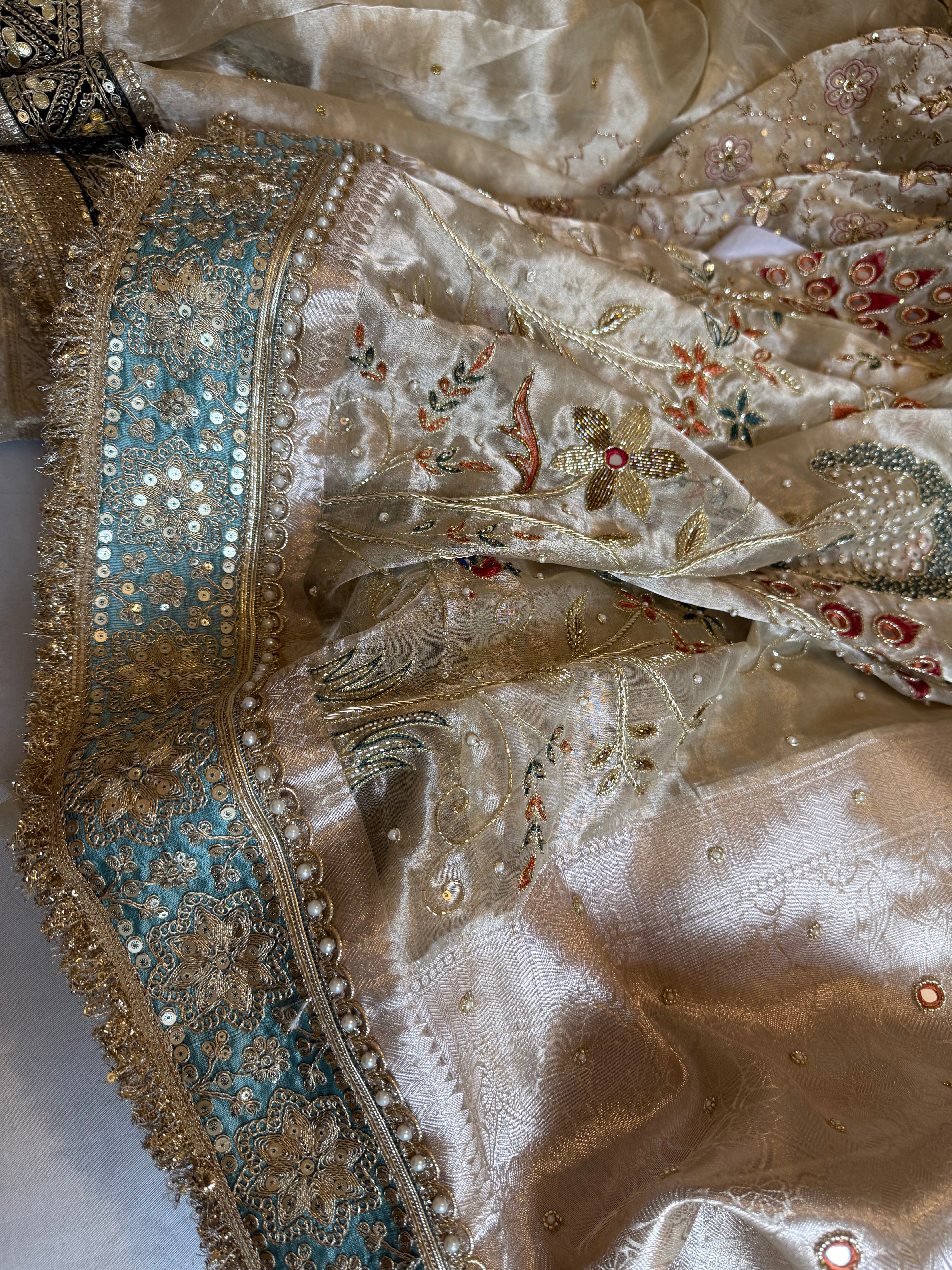 Kutchi inspired “sheesham edit” mirror work and meenakari hand embroidered saree