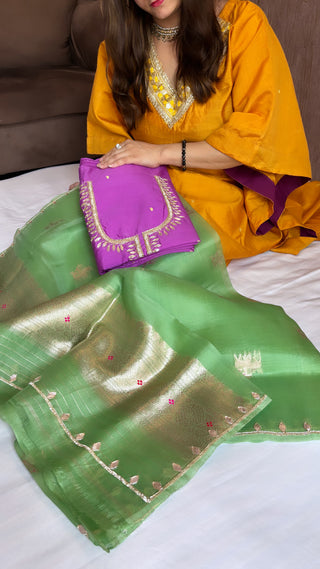 Purple-green hand embroidered kadhwa suit set from vyaah wala ghar edit