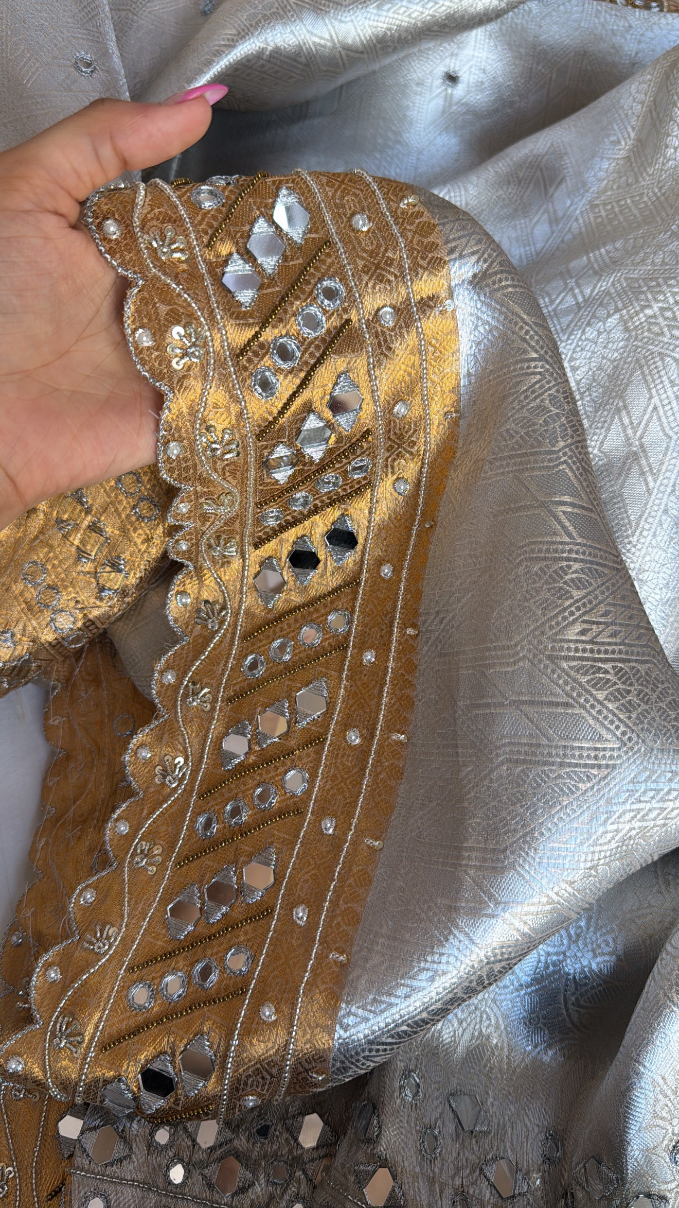 Kanjivaram inspired banarasi sona rupa weaving heavy zardozi and mirror work hand embroidered tissue saree