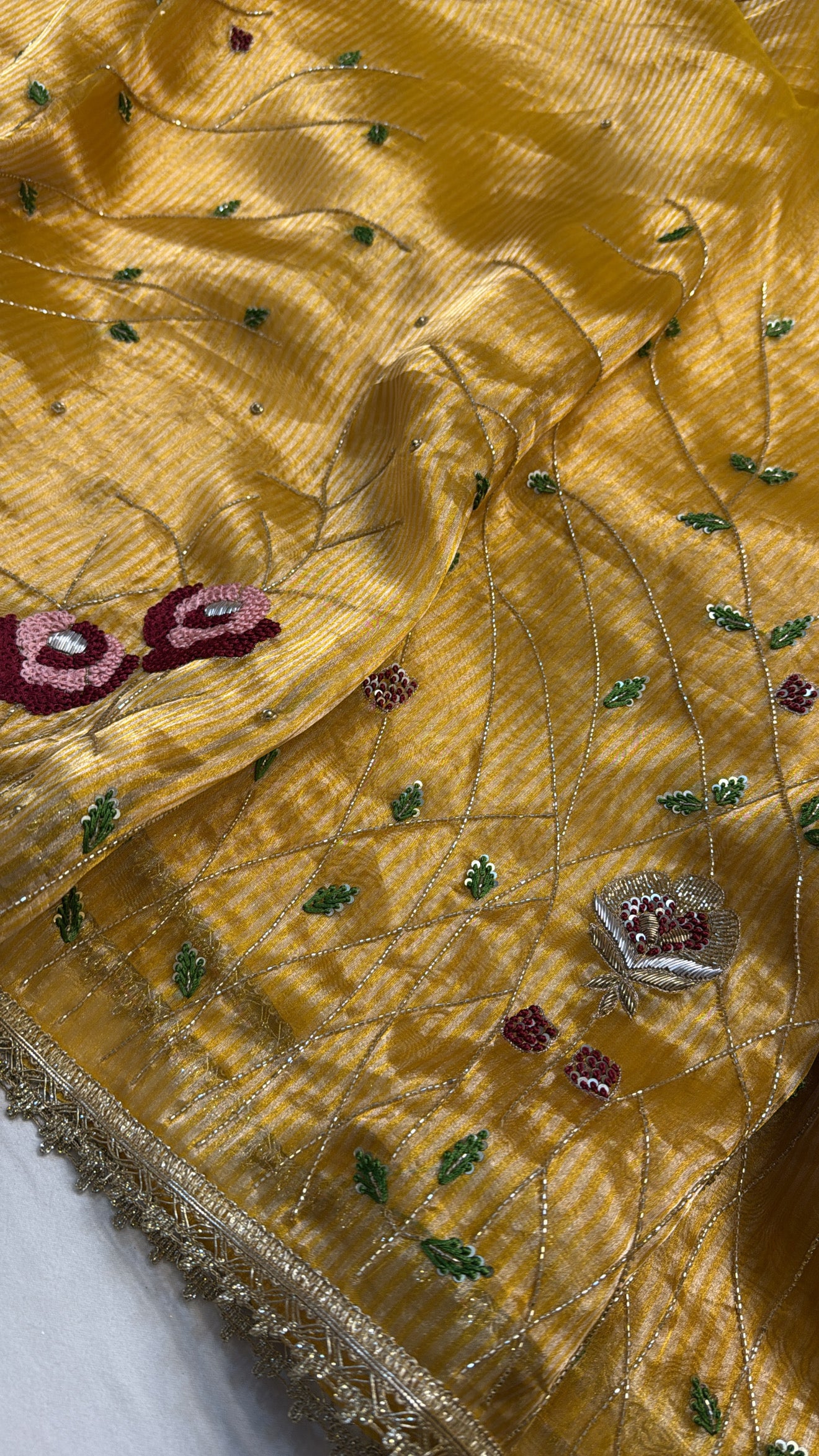 Maharani turmeric yellow tissue silk heavy meenakari hand embroidered saree