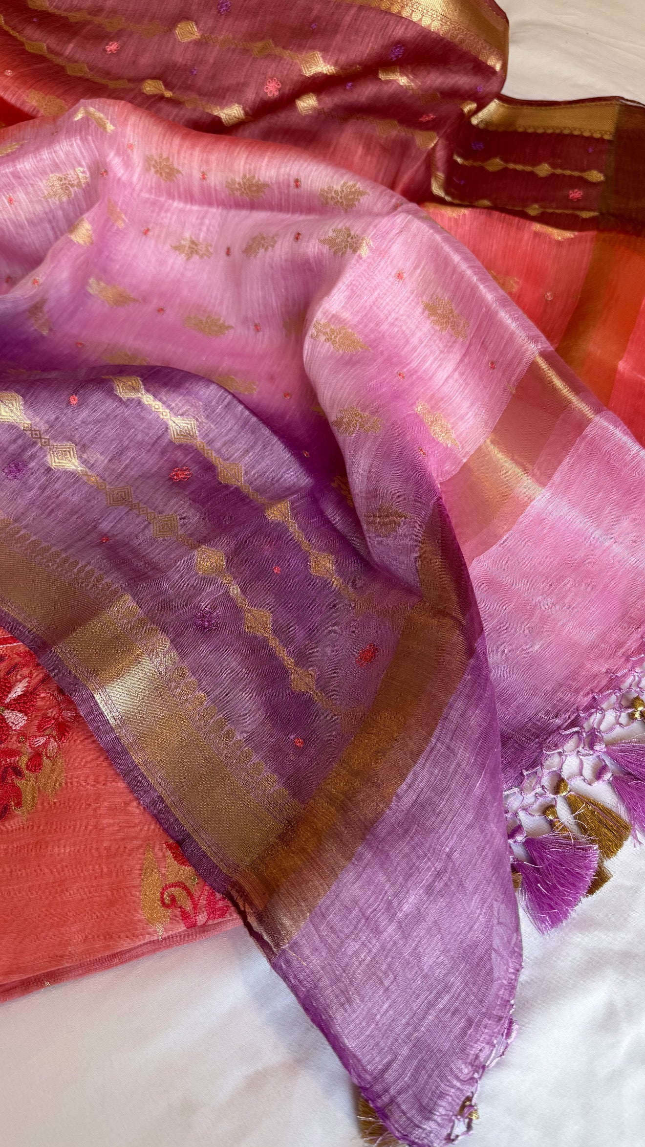 Peachish ombre shade linen gorgette resham hand embroidered suit set