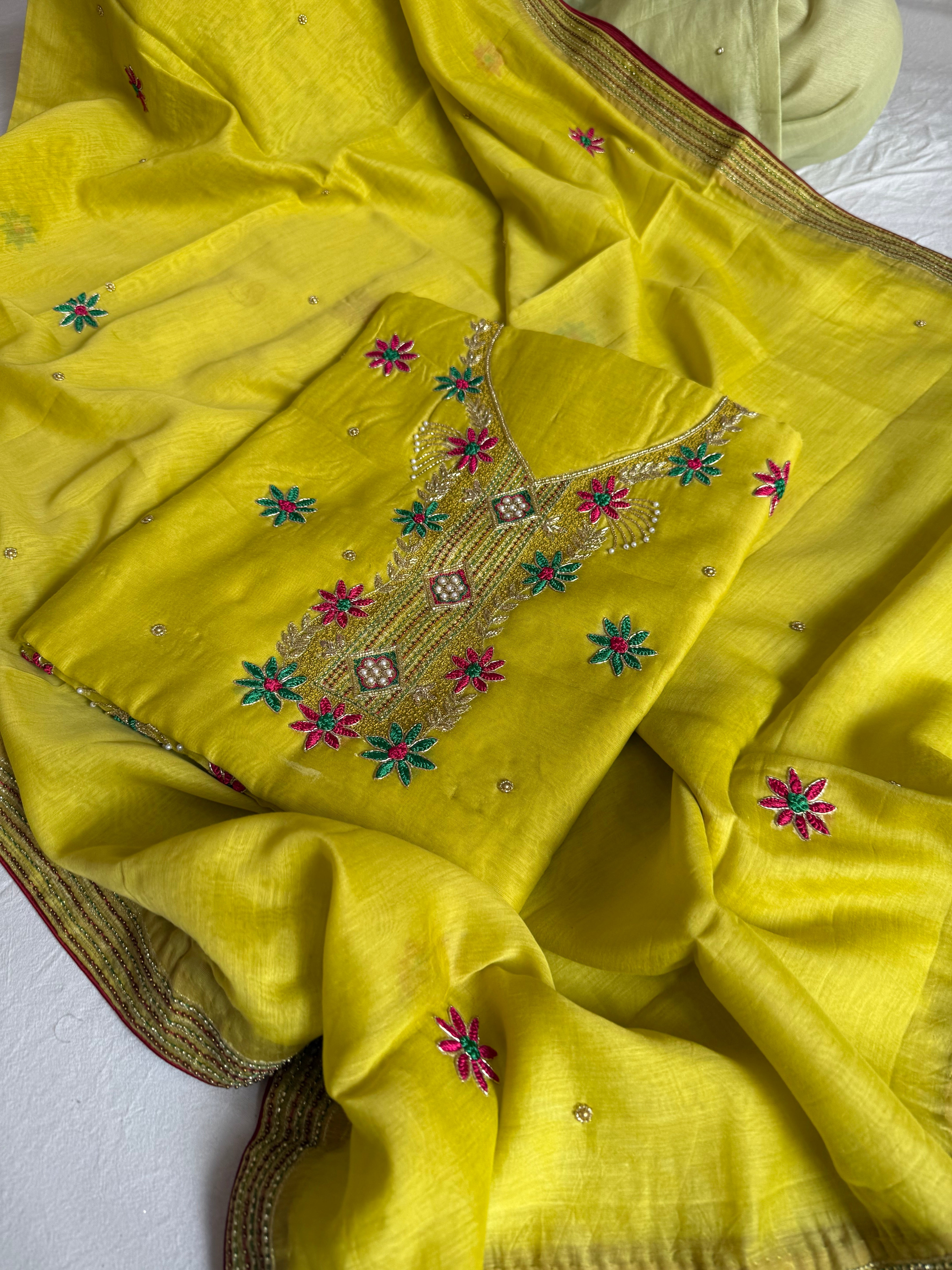 Banarasi formal wear mul cotton lime green cotton hand embroidered kurta paired with mul cotton hand embroidered duppata set