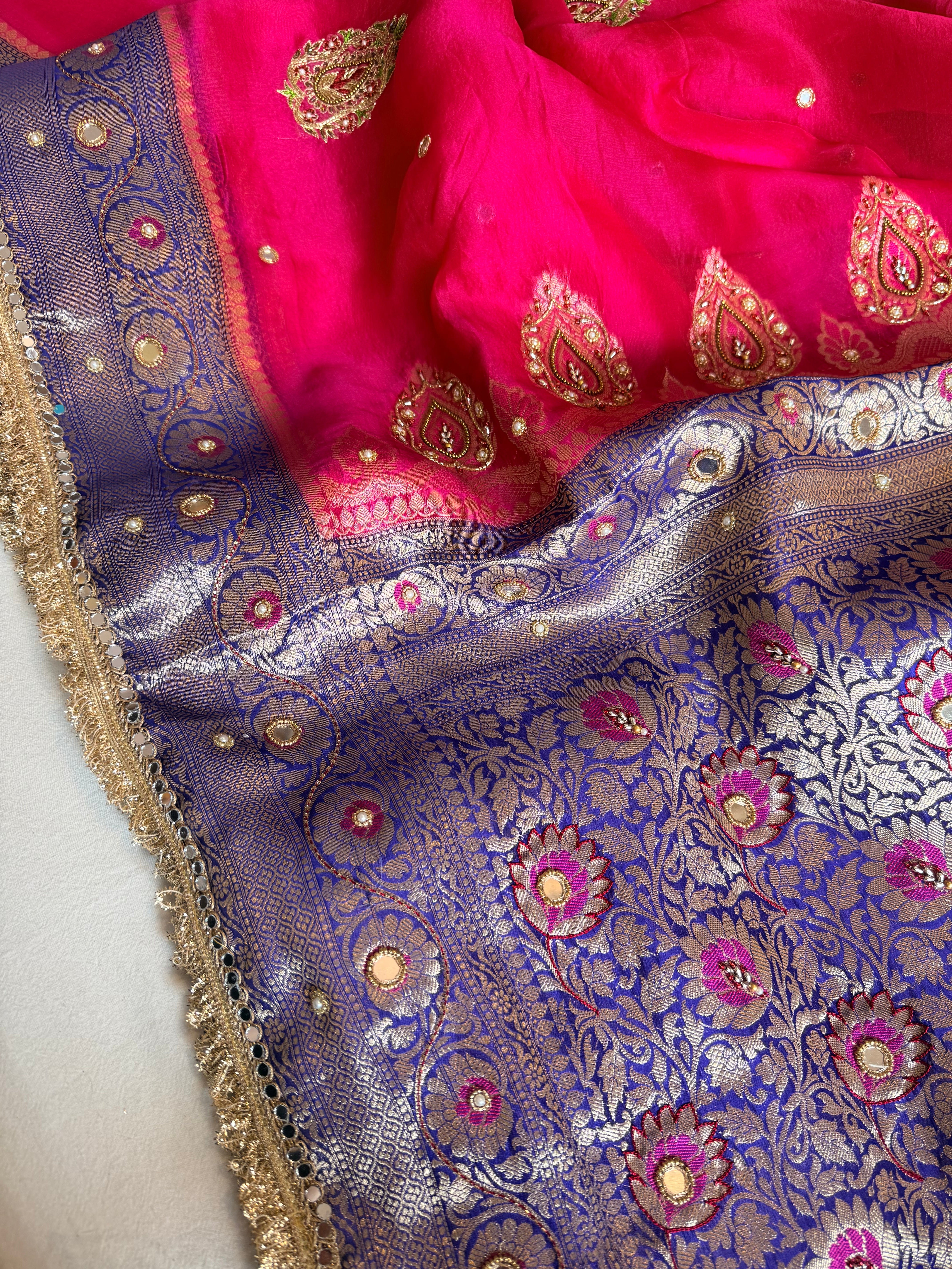 Husn ganga jamuna contrast border kora silk hand embroidered saree