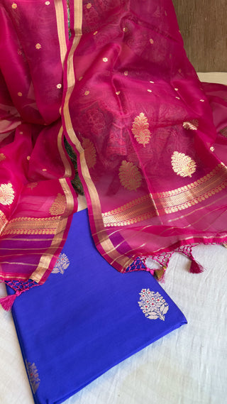 Banarasi ink blue-rani pink chiniya silk kadhwa suit set