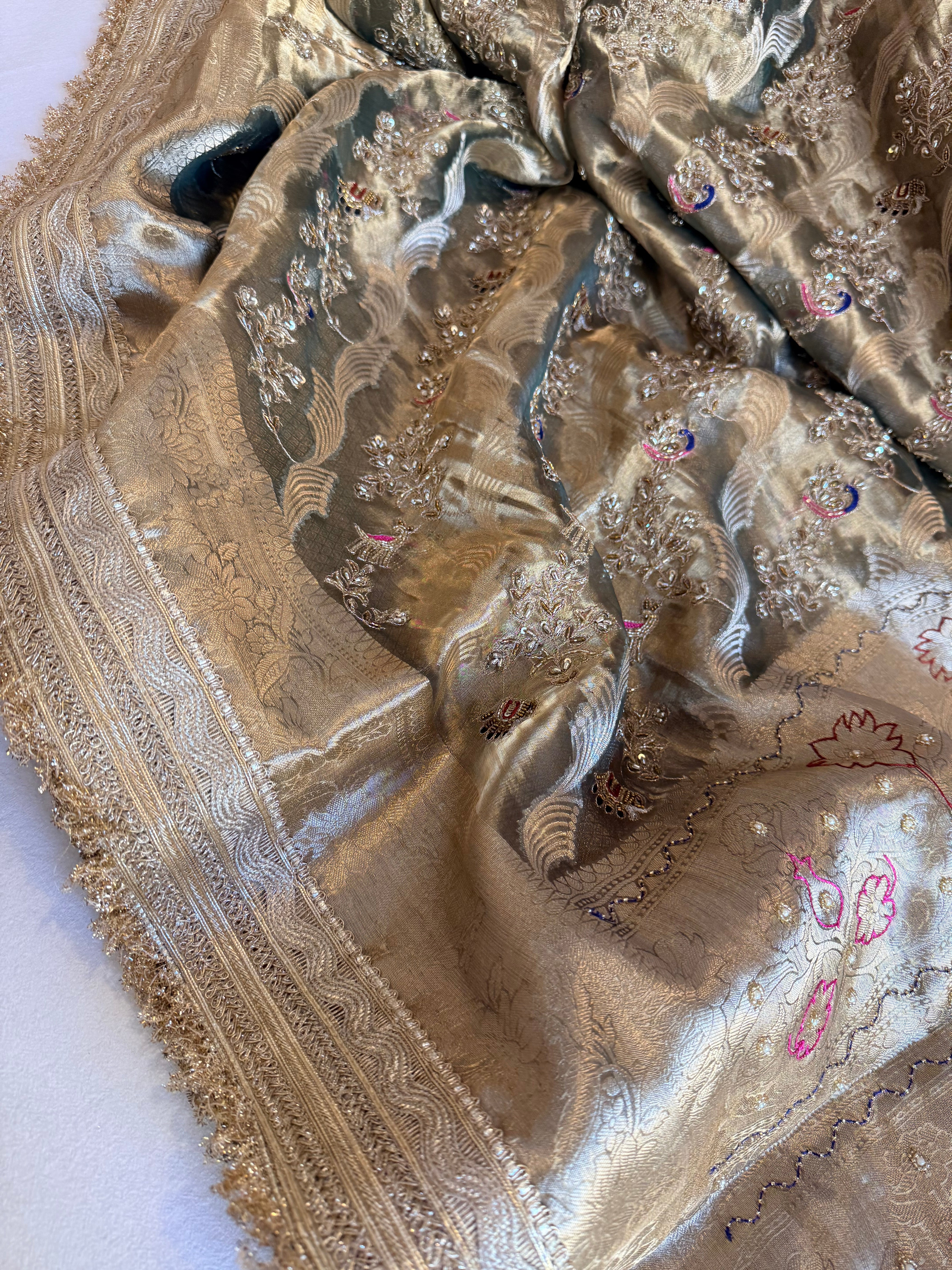 Mint green tissue silk kadhwa hand embroidered shikargah saree