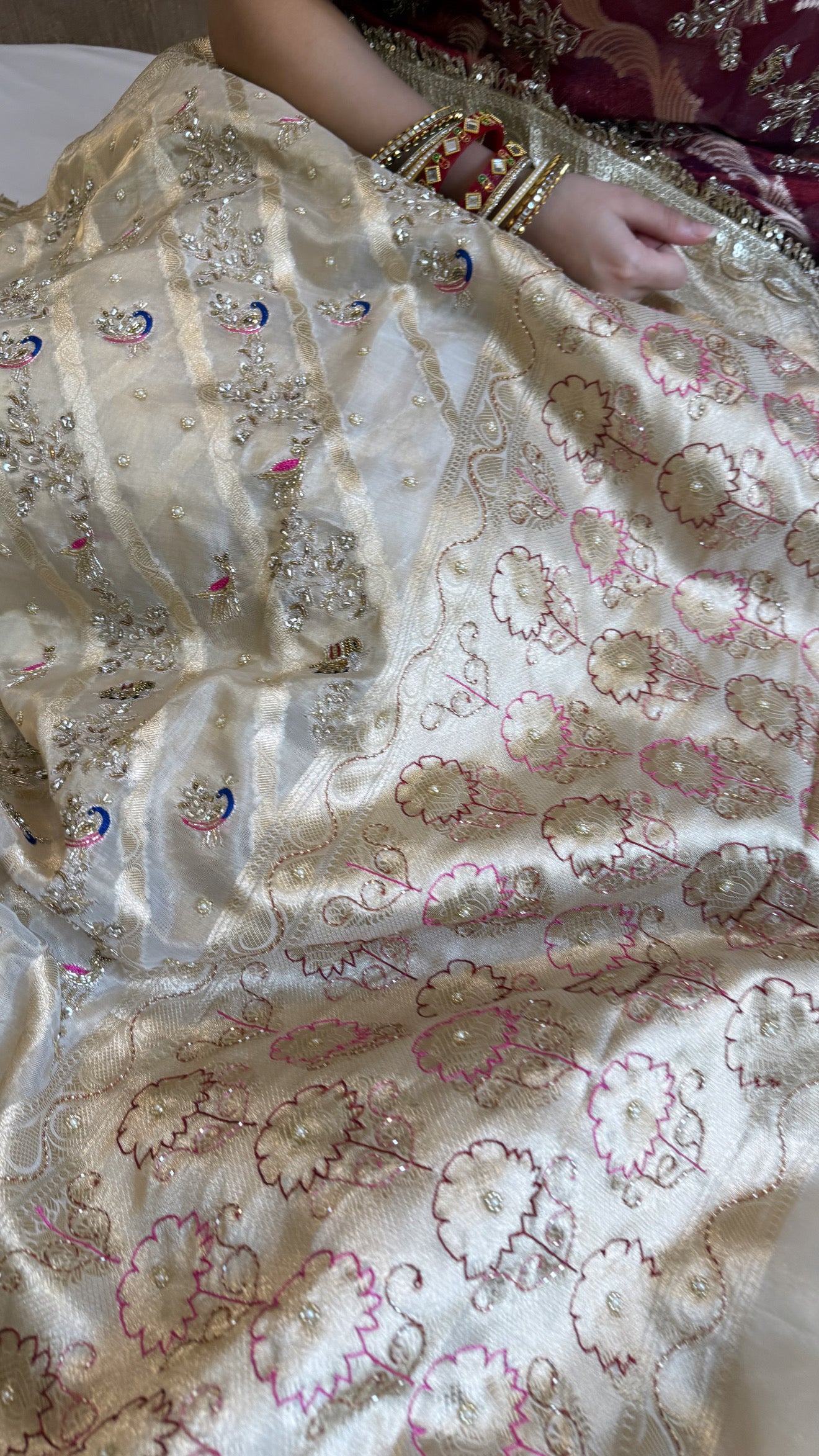 Nayi suhagan edit - Ivory gold tissue silk jungla shikargah marodi and zardozi hand embroidered jaal work saree