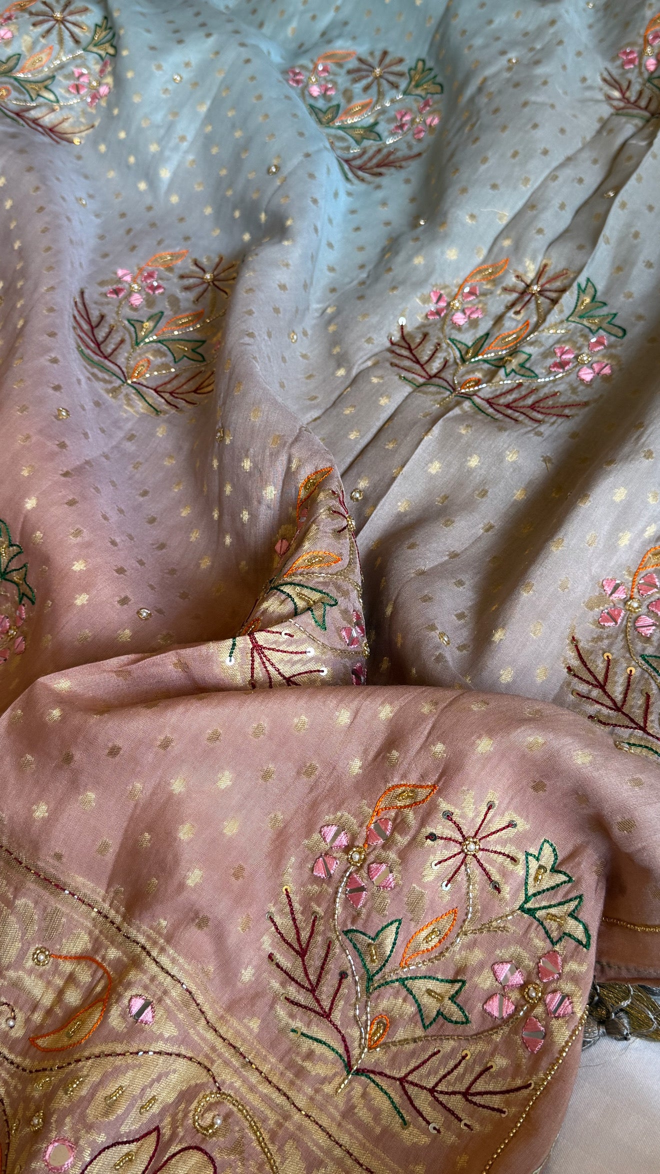 Moonga silk blush blue and pink ombre shaded hand embroidered kadhwa saree