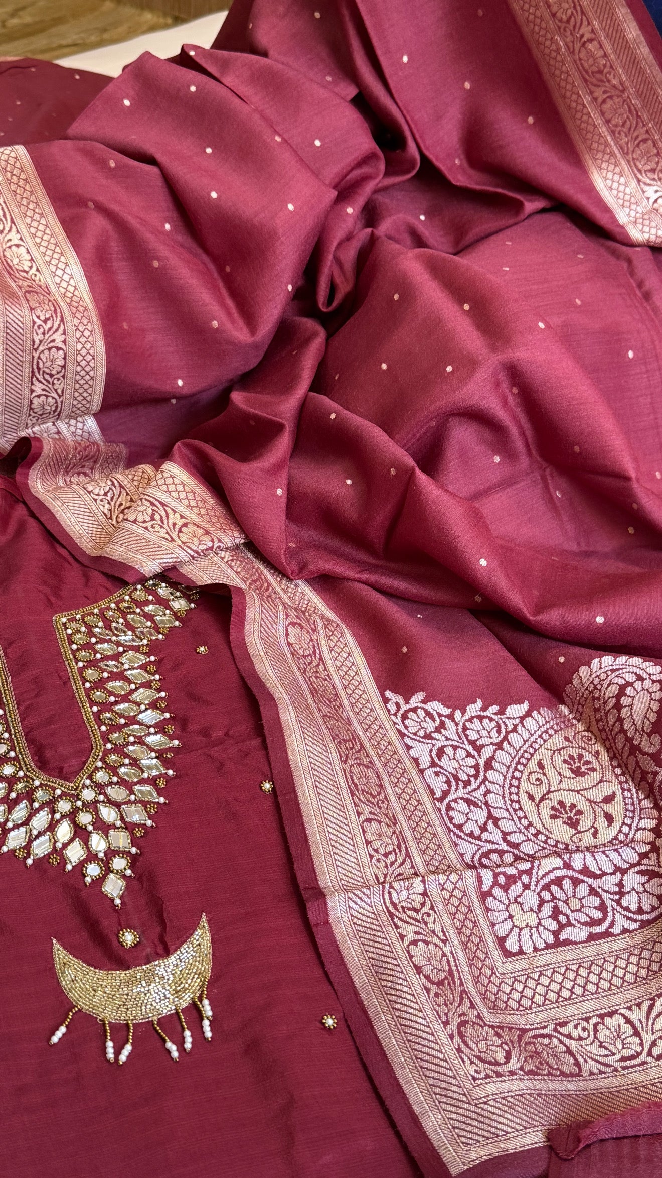Sheesham maroon mirror work katan silk kadhwa hand embroidered suit set