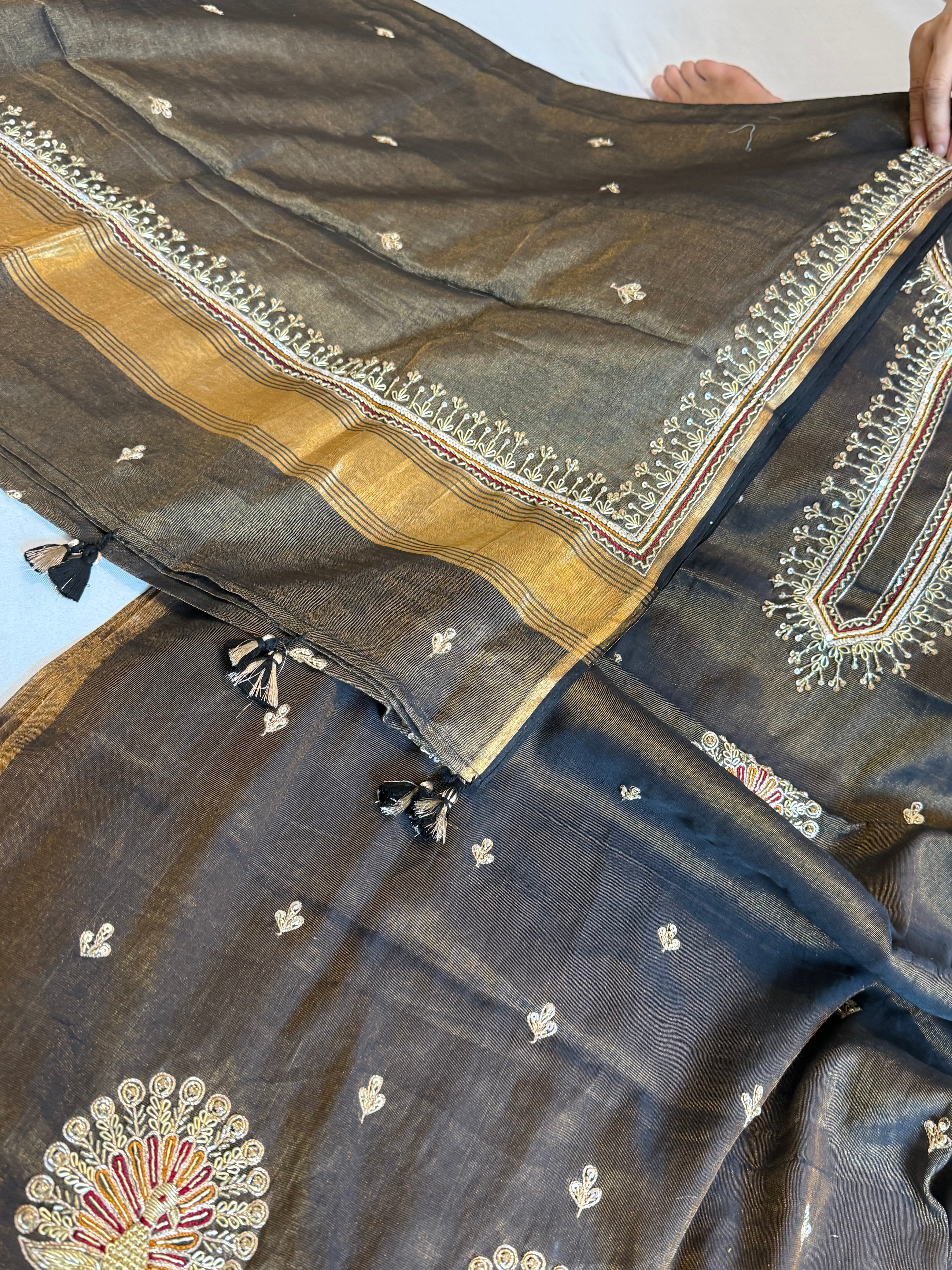Metallic black mul cotton tissue silk hand embroidered kadhwa suit sets