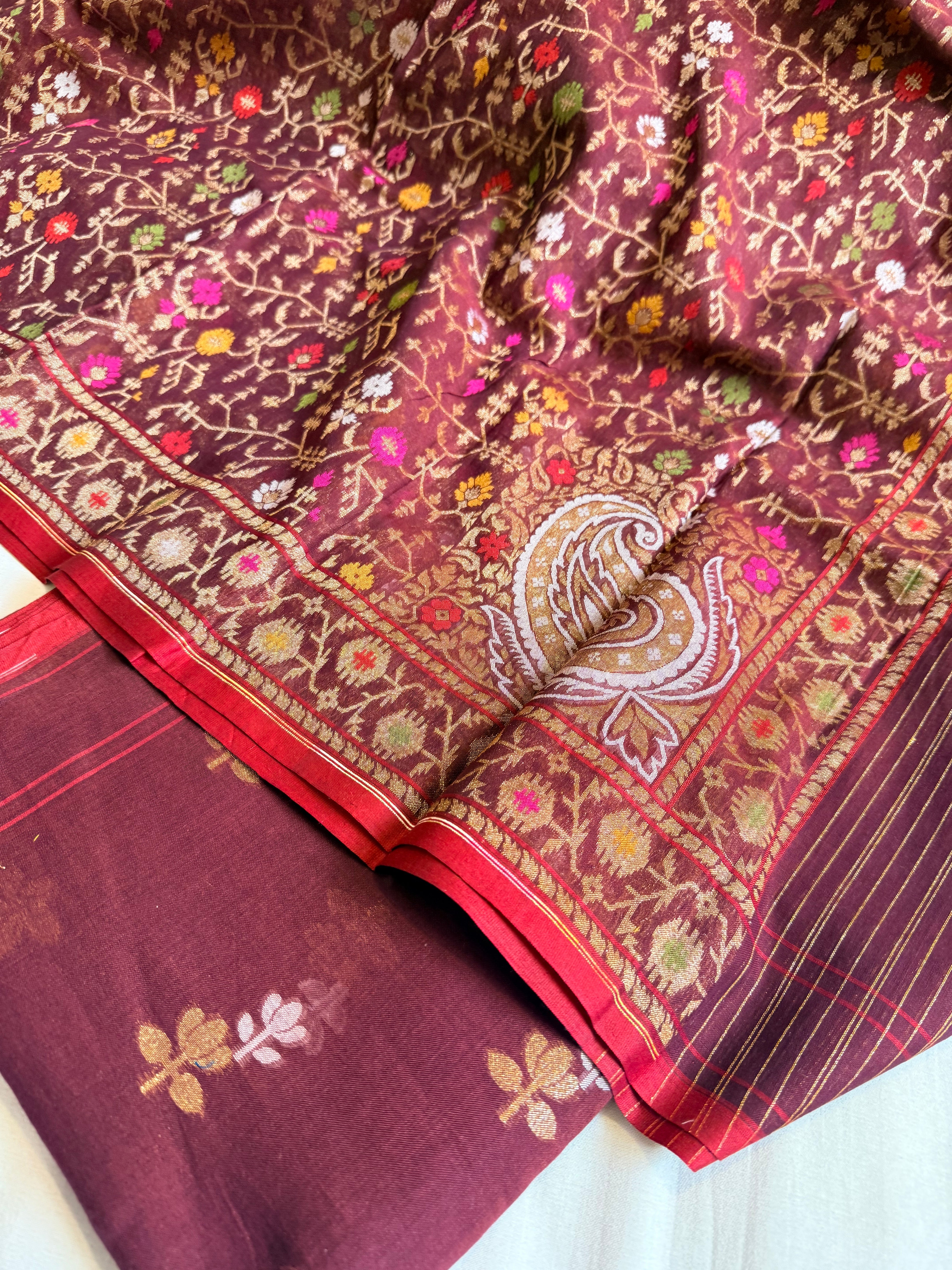 Banarasi iktara jamdani plum maroon sona rupa kadhwa suit set
